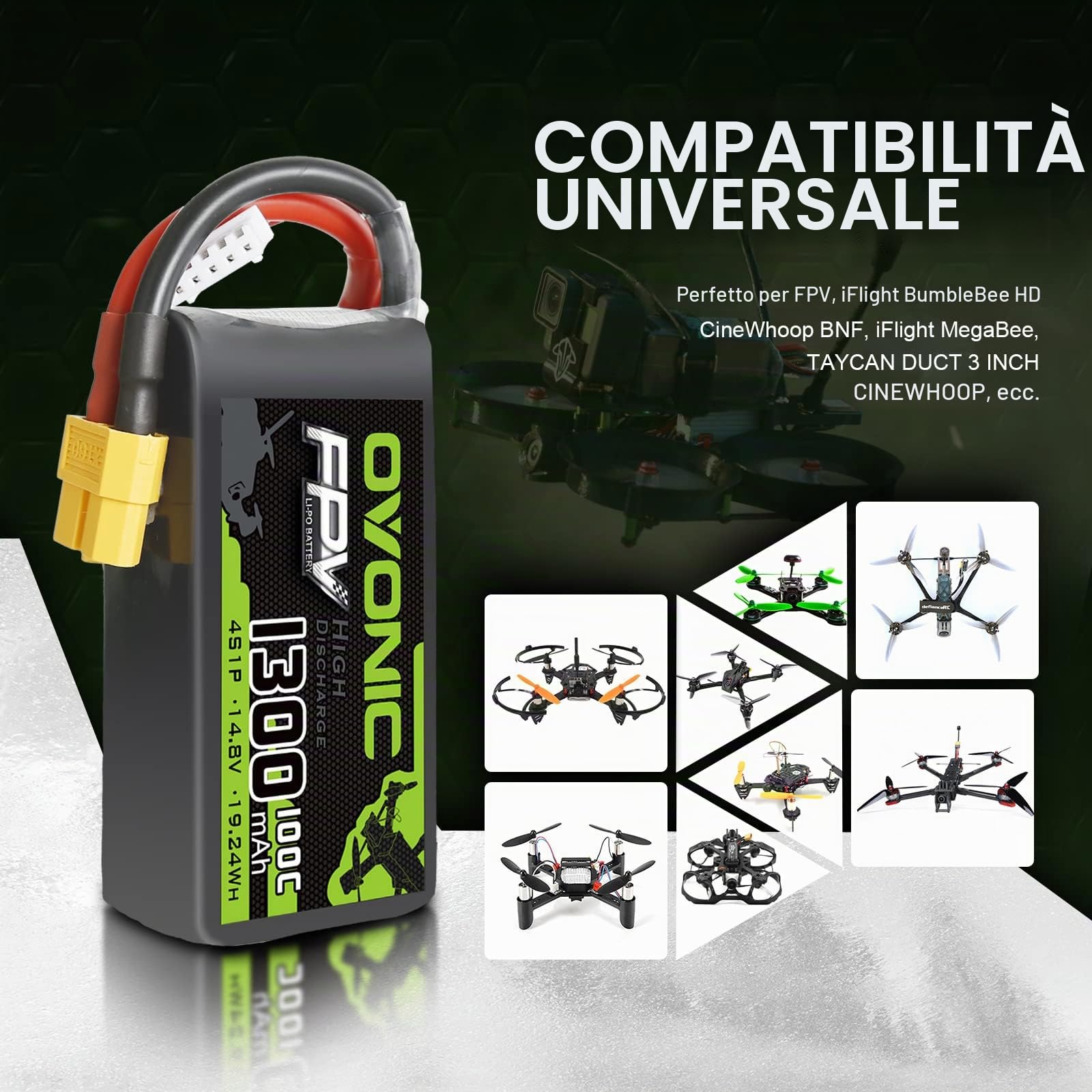 OVONIC Batteria Lipo 4s 14.8V 1300mAh 100C con connettore XT60 per FPV Racing RC Quadcopter Elicottero Aereo Multi-Motore Hobby Parti fai da te (2 confezioni)