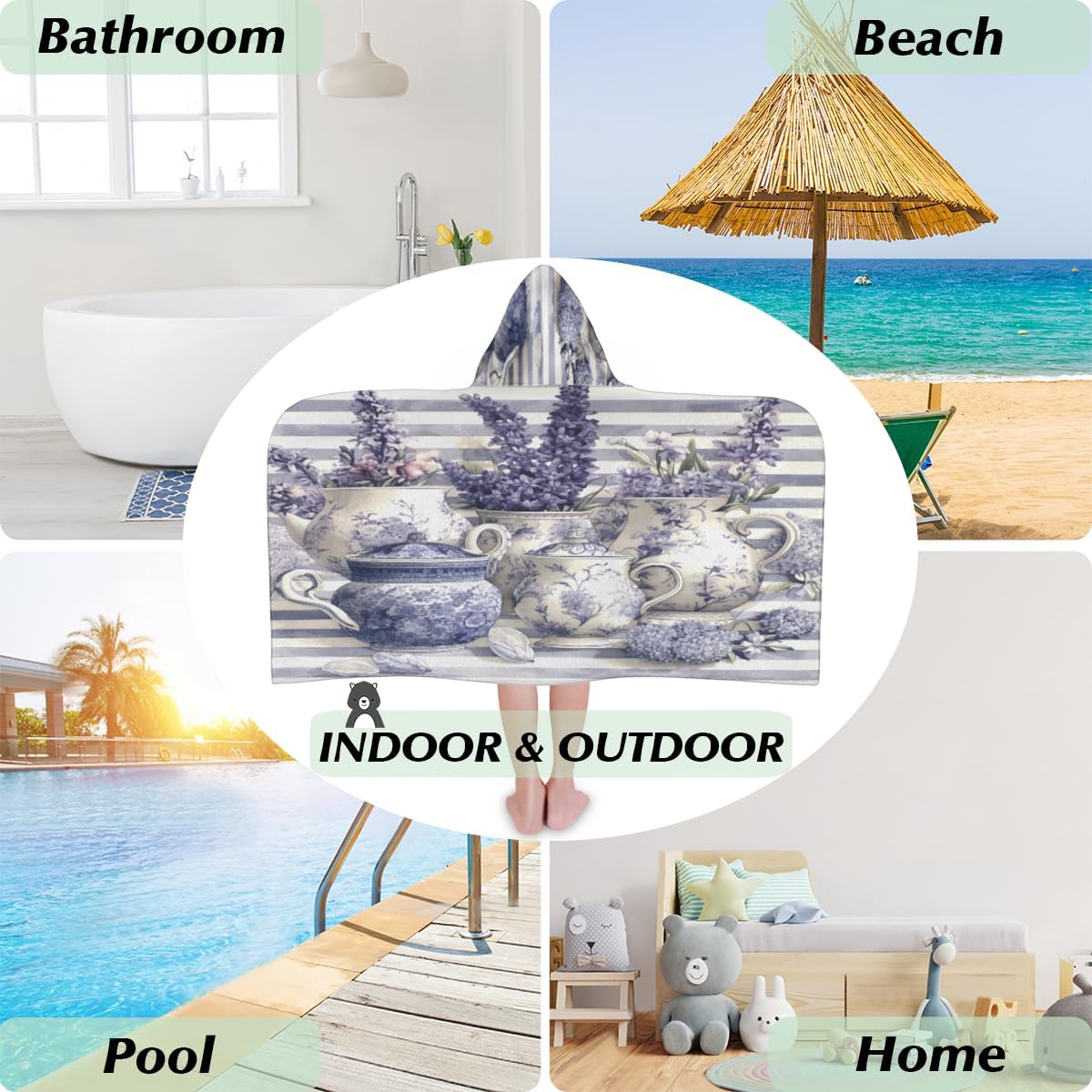 Pardick Kids Bath Towel Lavender Vase Beach Towel with Hood Pool Cover Up for Girls Boys Soft Absorbent Hooded Bath Towel Toddler Towels for Beach, Pool