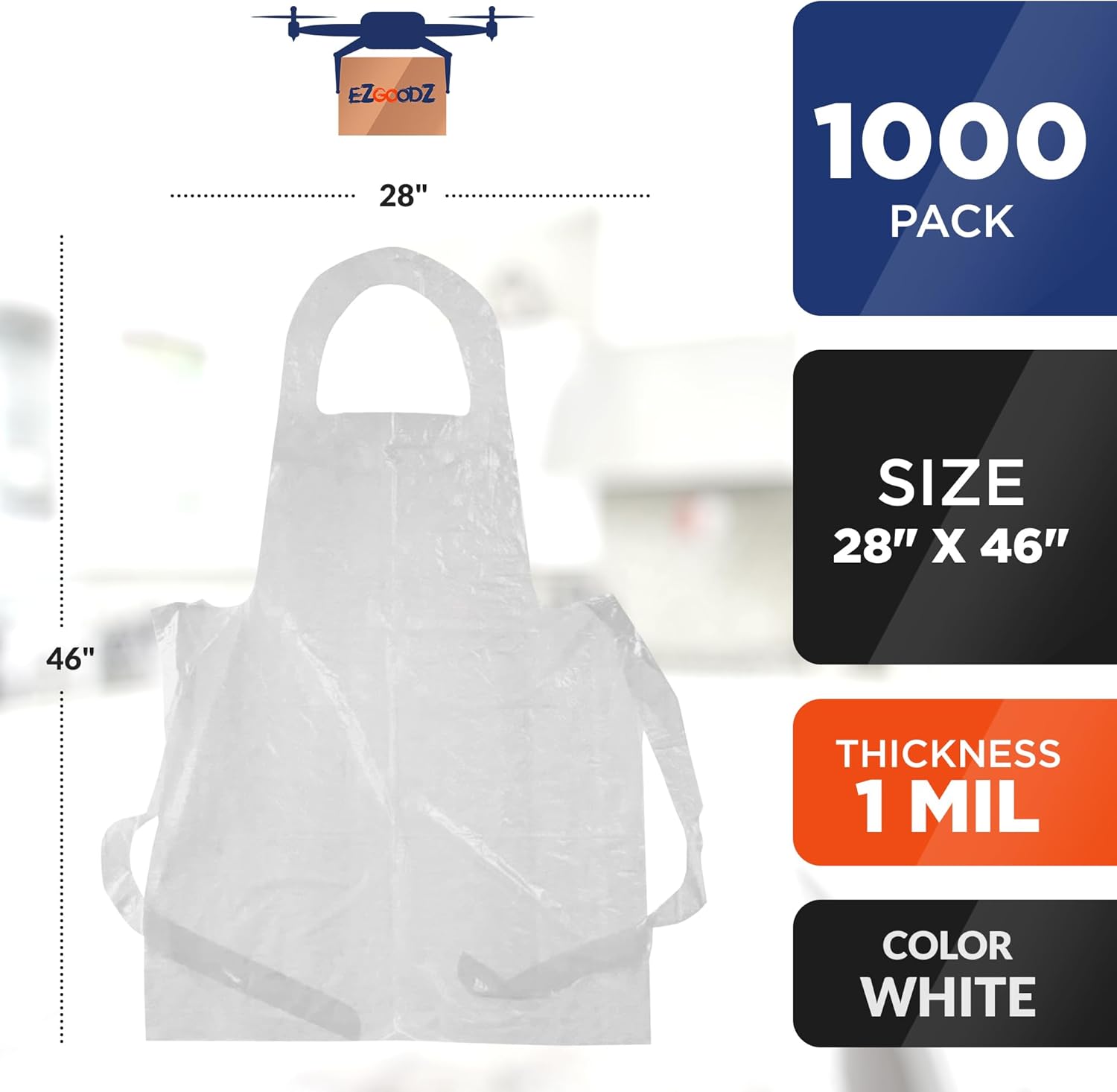 EZGOODZ Disposable Plastic Aprons for Adults, 28 x 46 Inch. Pack of 1000 White Disposable Aprons Adults for Painting. Waterproof Lightweight 1.0 Mil Plastic Apron for Food Service, Cleaning