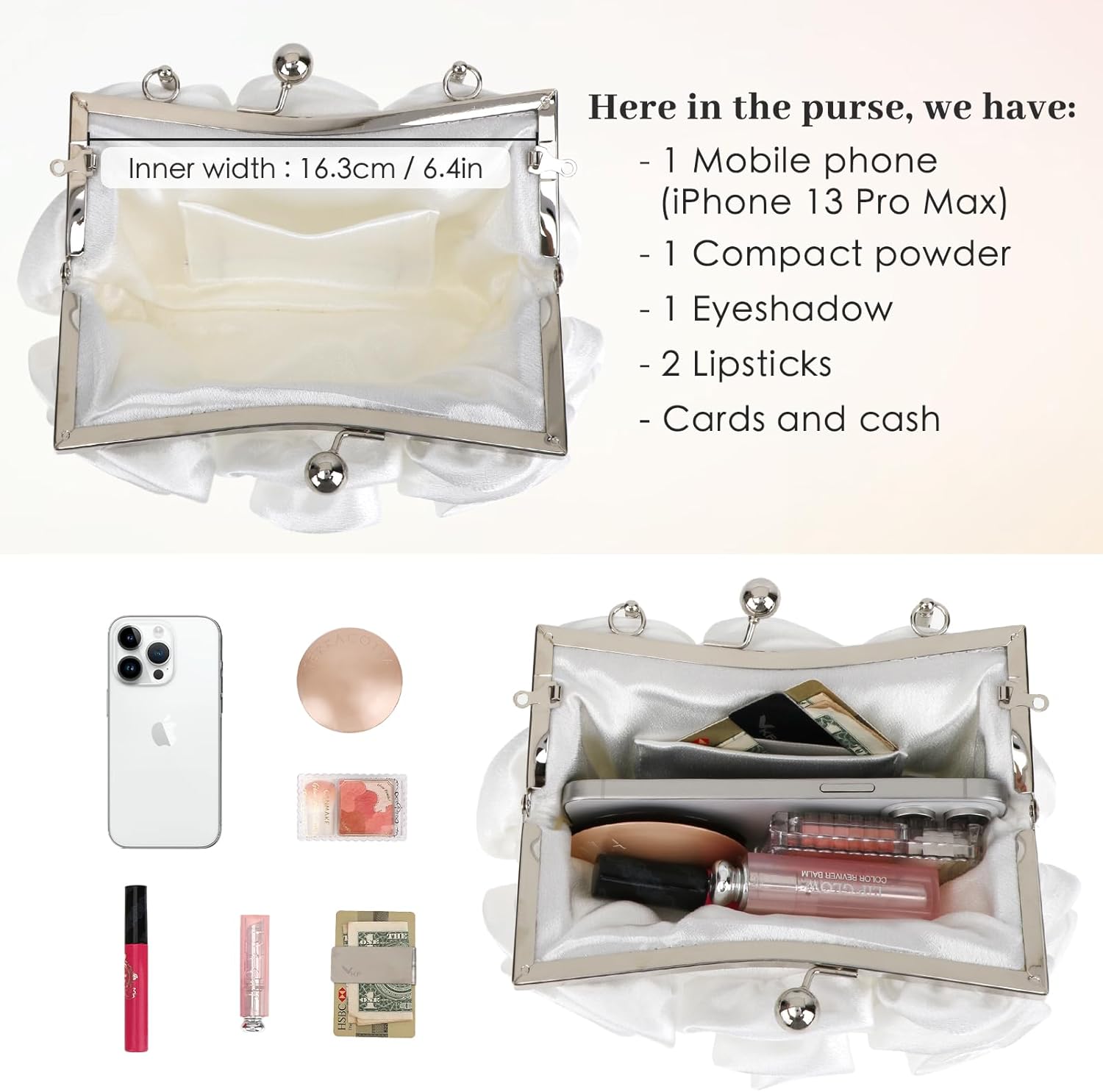 kilofly Rose Clutch Evening Purse Satin Small Bag with Detachable Strap Money Clip - Image 5