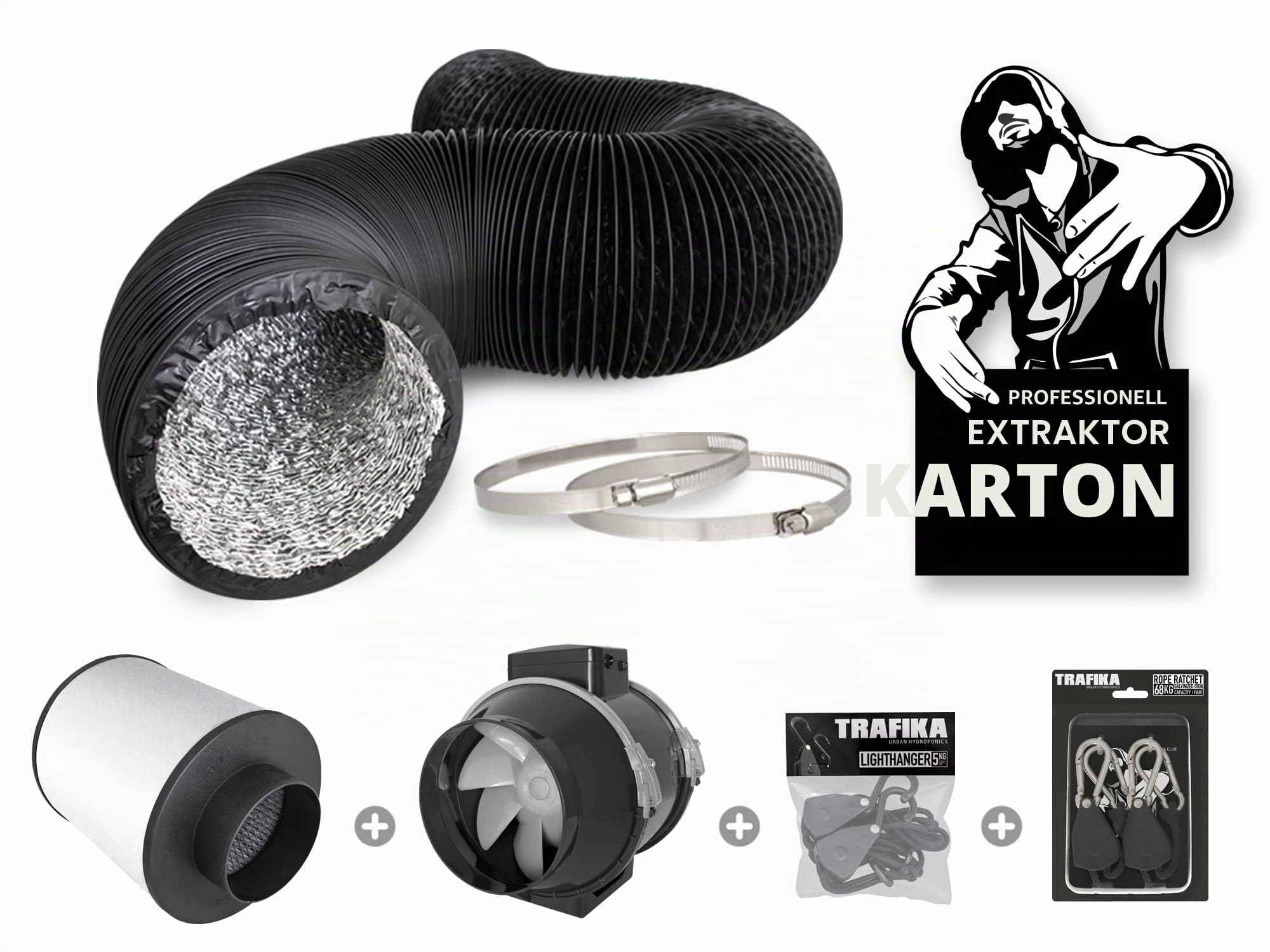 TRAFIKA EXTRACTOR KIT 150mm/690m3h Abluftset für Growbox – Rohrventilator 150mm, Aktivkohlefilter, Flexibler Schlauch & Schlauchschellen – Komplettset für effiziente Belüftung und Geruchskontrolle