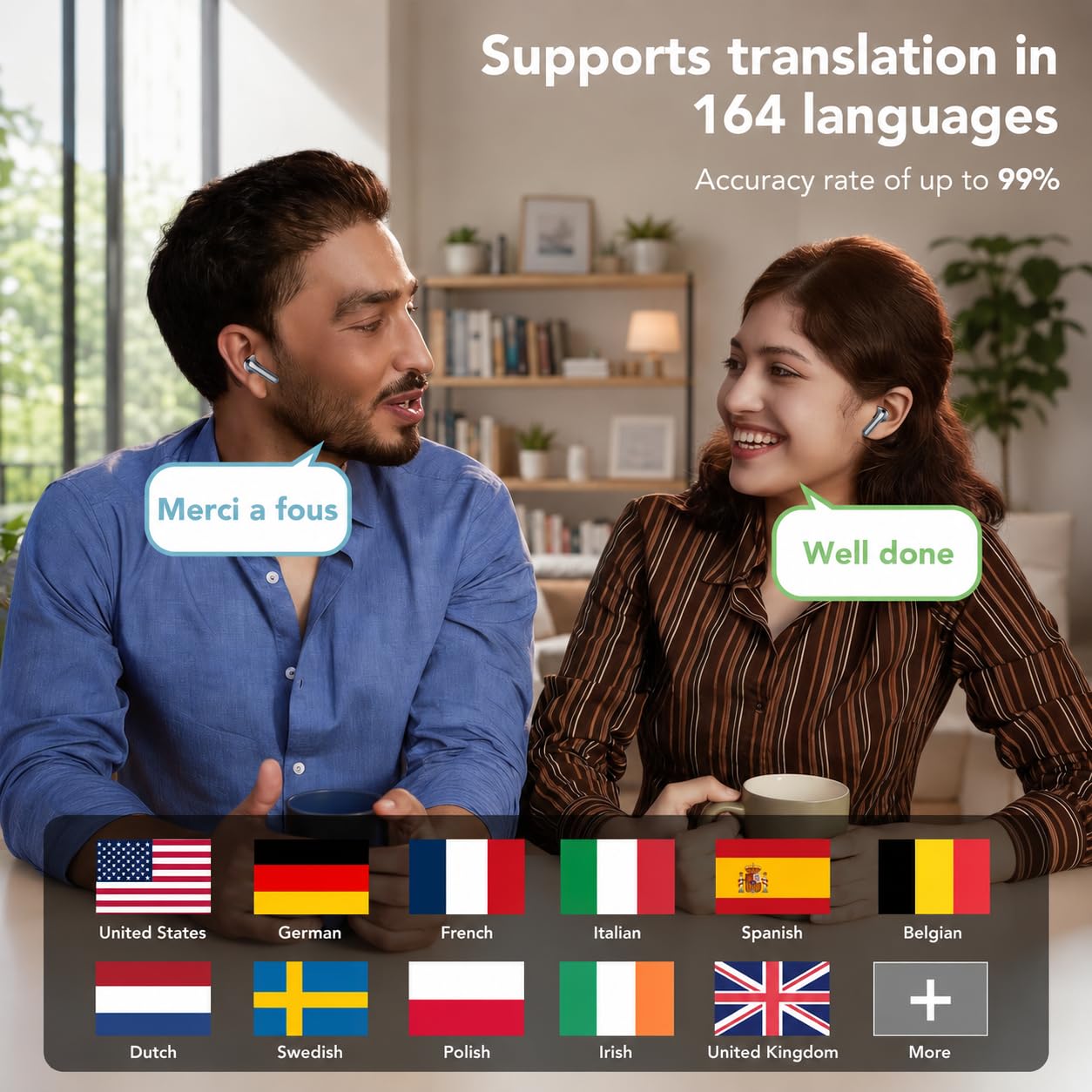 2026 AI Ecouteur Traducteur Instantané, 50H Traducteur Vocal Temps Réel Sans Fil avec 164 Langues, IPX7 Étanche Casque, 4 ENC Appel Réduction Antibruit Mic, Basses Profondes for iOS Android (Noir)