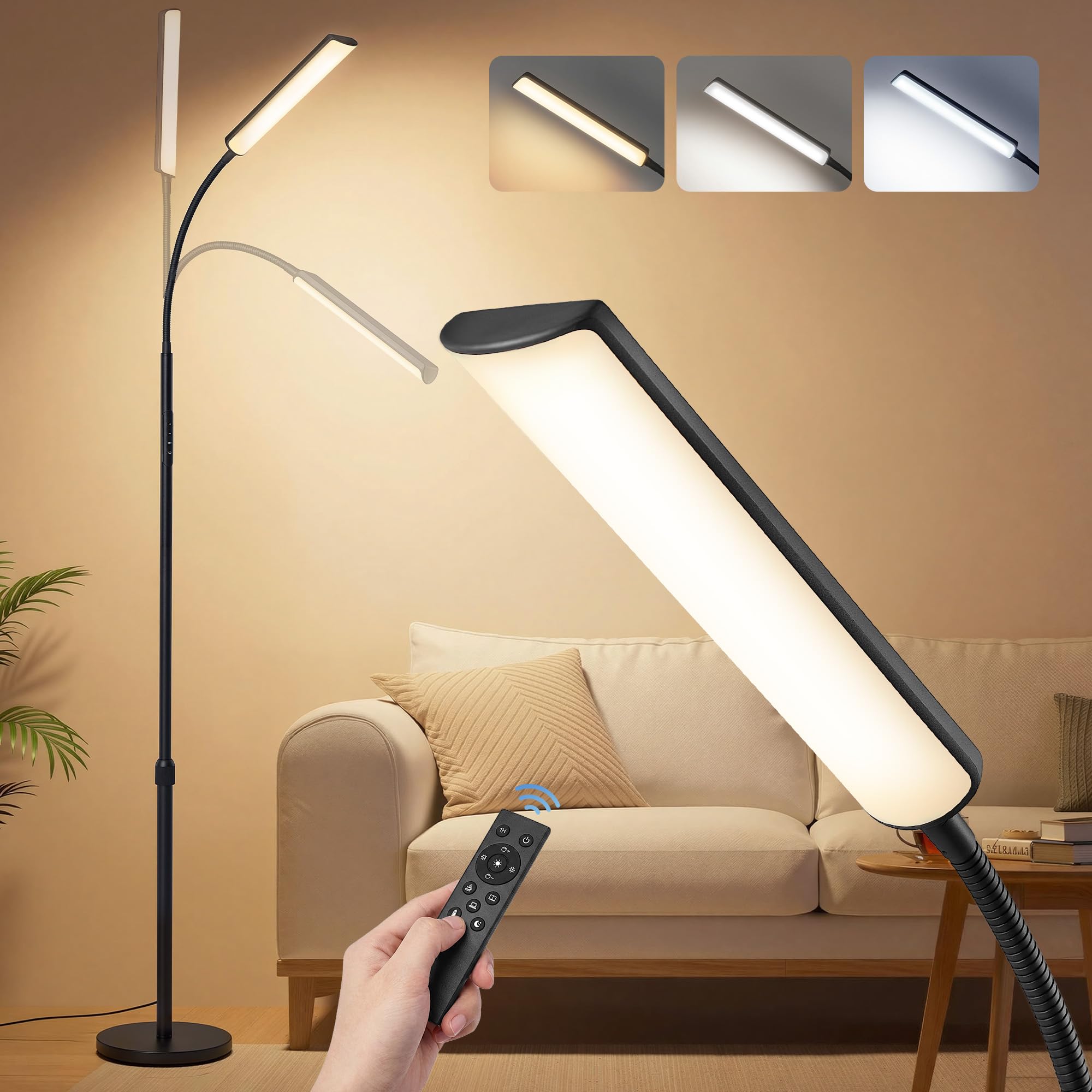 VASAGLE Lampadaire, Lampe de Lecture 15 W, Hauteur Réglable 141‑175 cm, Col de Cygne Orientable à 360°, Minuterie et Fonction Mémoire, Télécommande, pour Salon, Noir Mat LFL007BD02