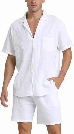 RPOVIG Linen Shirt Short OutfitsMens Beach 2 Pieces Casual Button-Down Sets