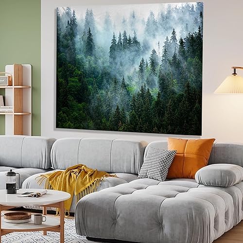 Miniatura 4 de Atrippy Tapiz de bosque brumoso para dormitorio, tapiz de pared de paisaje neblinoso con niebla natural, arte de pared de árboles verdes, decoración