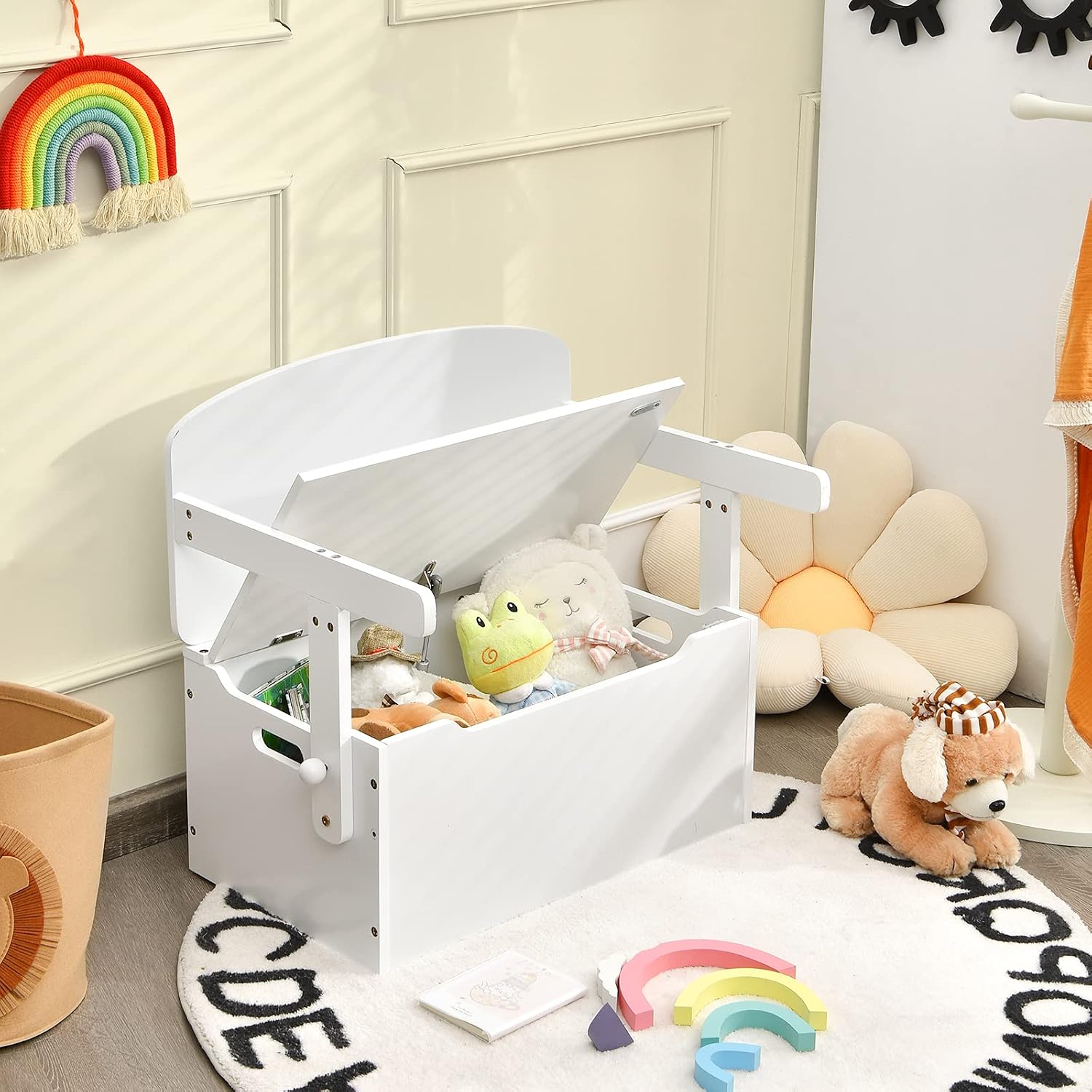 Costzon Kids Table and Chair Set, Convertible Toy Storage Bench with Built-in Handle for Kindergarten, Preschool, Kids Room, Playroom, Wood Reading Nook for Toddler Boys Girls Ages 3 to 7 (White)