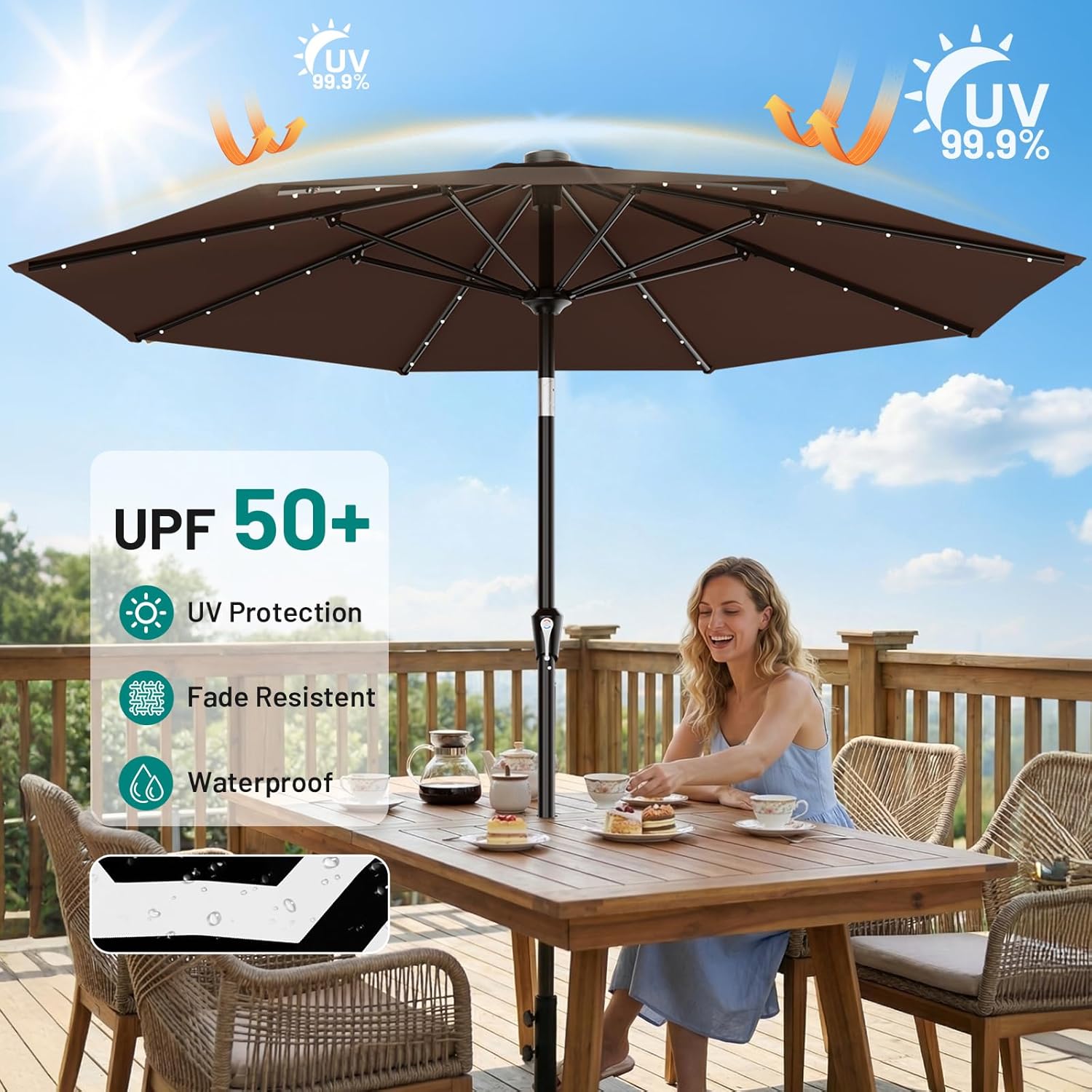 AreShark 9FT Patio Umbrella with Solar Lights, 32 Lighted Pool Umbrella w/Tilt and Crank, Outdoor Table Solar Umbrellas for Garden, Deck, Backyard, Pool and Beach, Light Brown