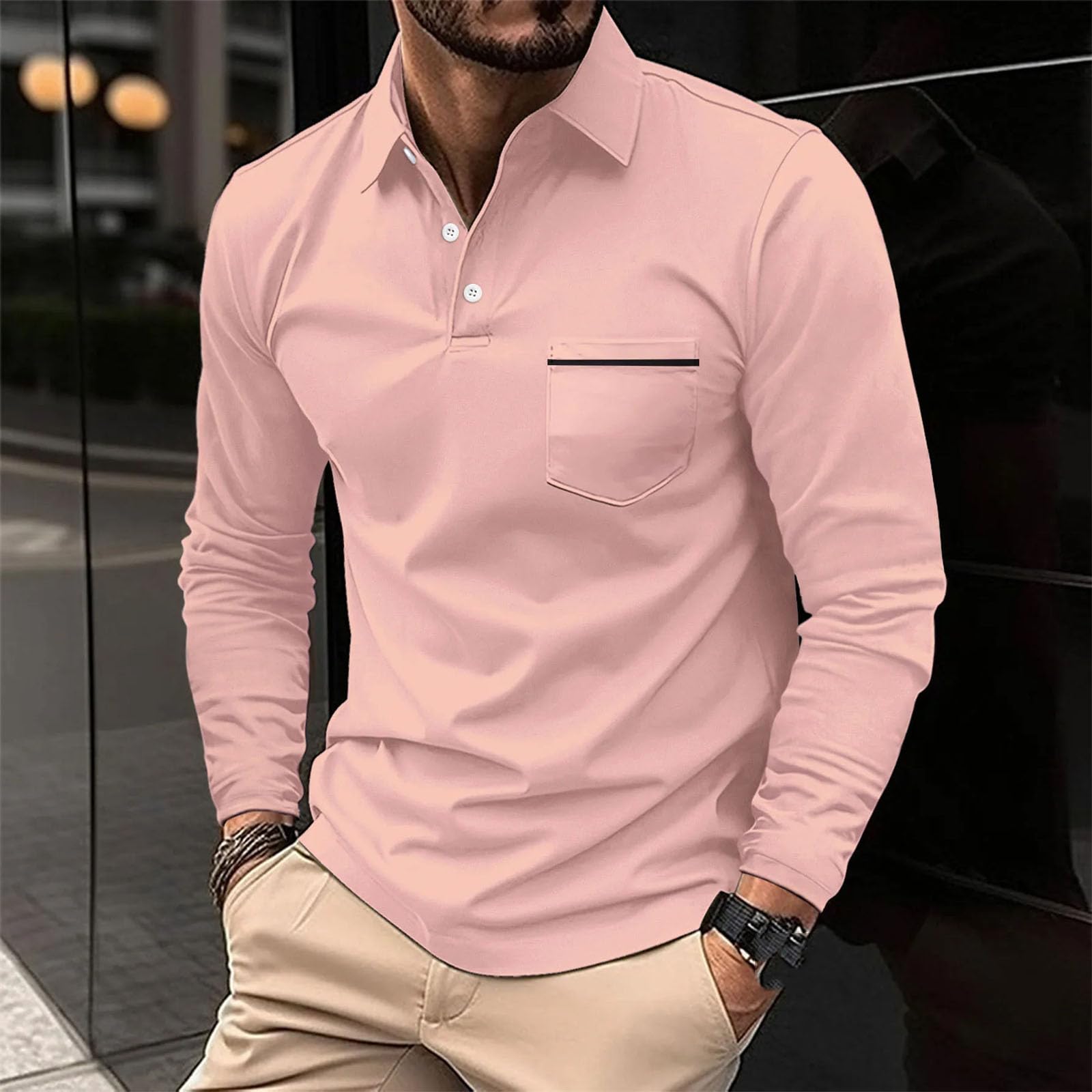 Polo da uomo a maniche lunghe, con tasca a bottone, manica lunga, traspirante, sportiva