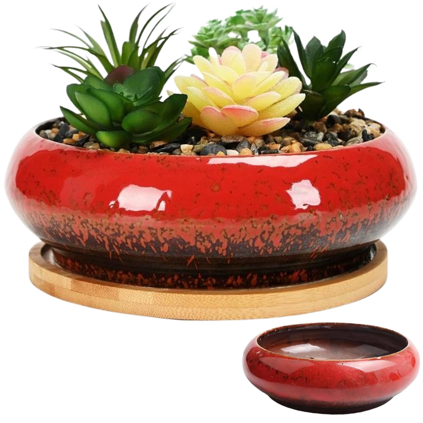 Mskmnkot Red Lotus Bowl Planter Ceramic Glazed Lotus Bowl 7X2in Round Decorative Shallow Hydroponic Planter Without Drain For Water Lily,