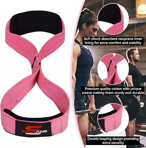 Miniatura 2 de SAWANS Correas de elevación acolchadas con agarre figura, 8 correas de muñeca, peso resistente, doble bucle, entrenamiento de culturismo, correas de
