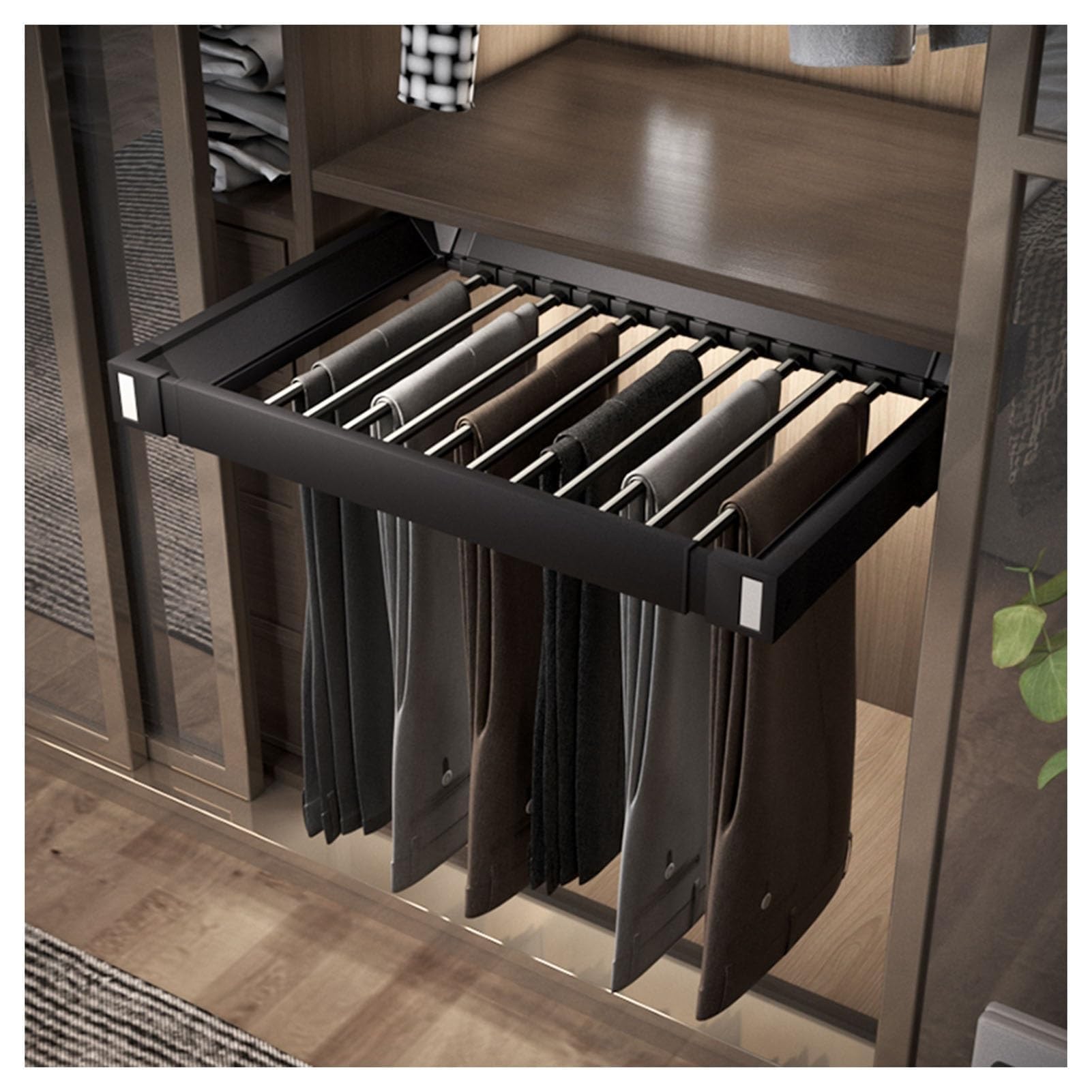 BHGFYXBS Extendable Trousers Rack - Pull-Out Closet Organizer, Multi-Functional Space-Saving Drying Rack For Wardrobe & Washing Machine, Adjustable Length,Black-85~120cm