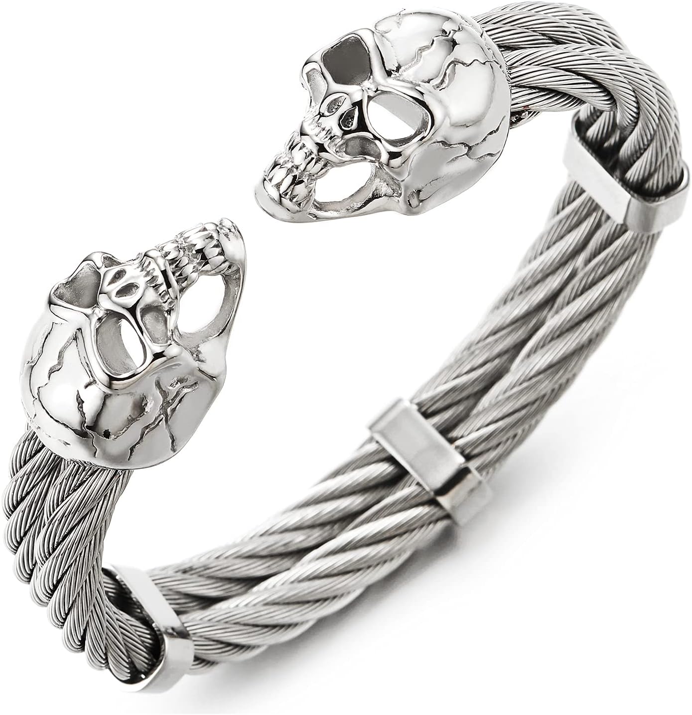 COOLSTEELANDBEYOND Men Steel Crack Skull Two-row Twisted Cable Cuff Bangle Bracelet, Polished, Elastic Adjustable
