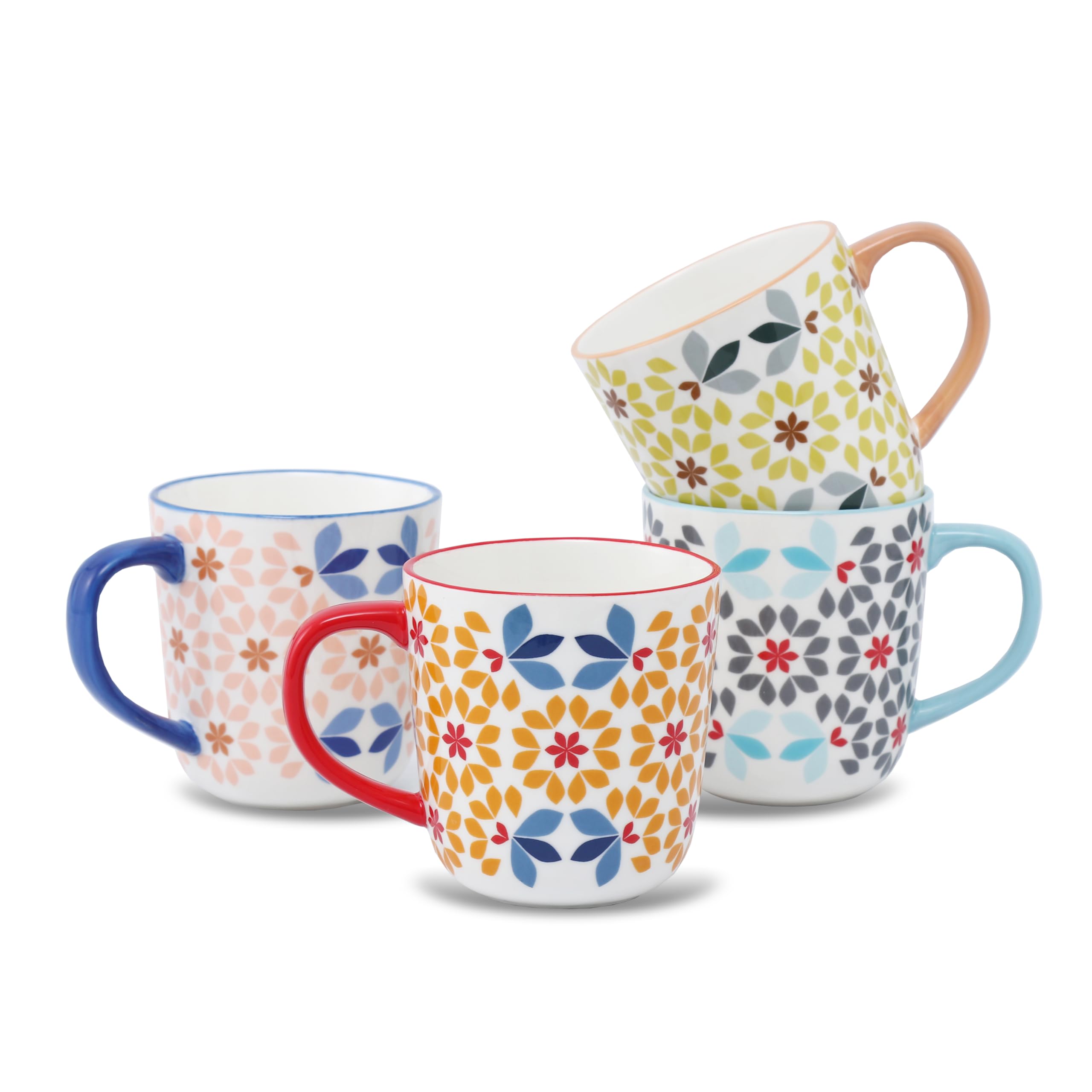 Floral Pattern Coffee Mugs, Bone China Tea Cups with Colored Handles, Set of 4