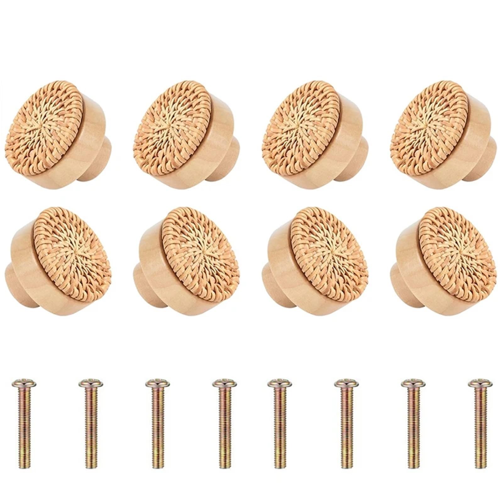 UBOHUZ 8PCS Wooden Rattan Dresser Knobs Kit Round Decorative Furniture Pull Handles Multipurpose Woven Drawer Pulls for Bedside Tables for Cupboard, Wardrobe(Yellow 8Piece)