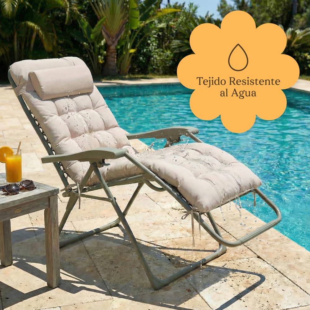CASABEL Sillon Relax Reclinable, 2 Sillas con Cojin Plegables para jardín, Terraza Exterior o Camping, Silla Plegable Camping con Armazon de Acero y Tejido Textilene Resistente, Color Topo