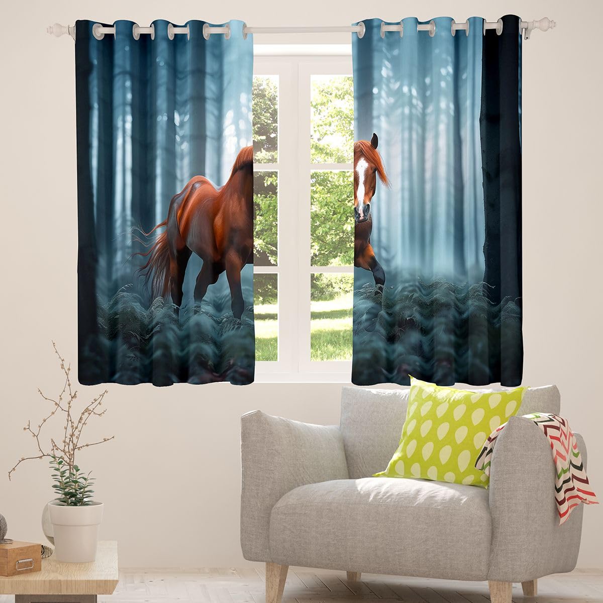 Loussiesd Blue Brown Horse - Trattamenti per finestre, 2 pannelli W46*L54