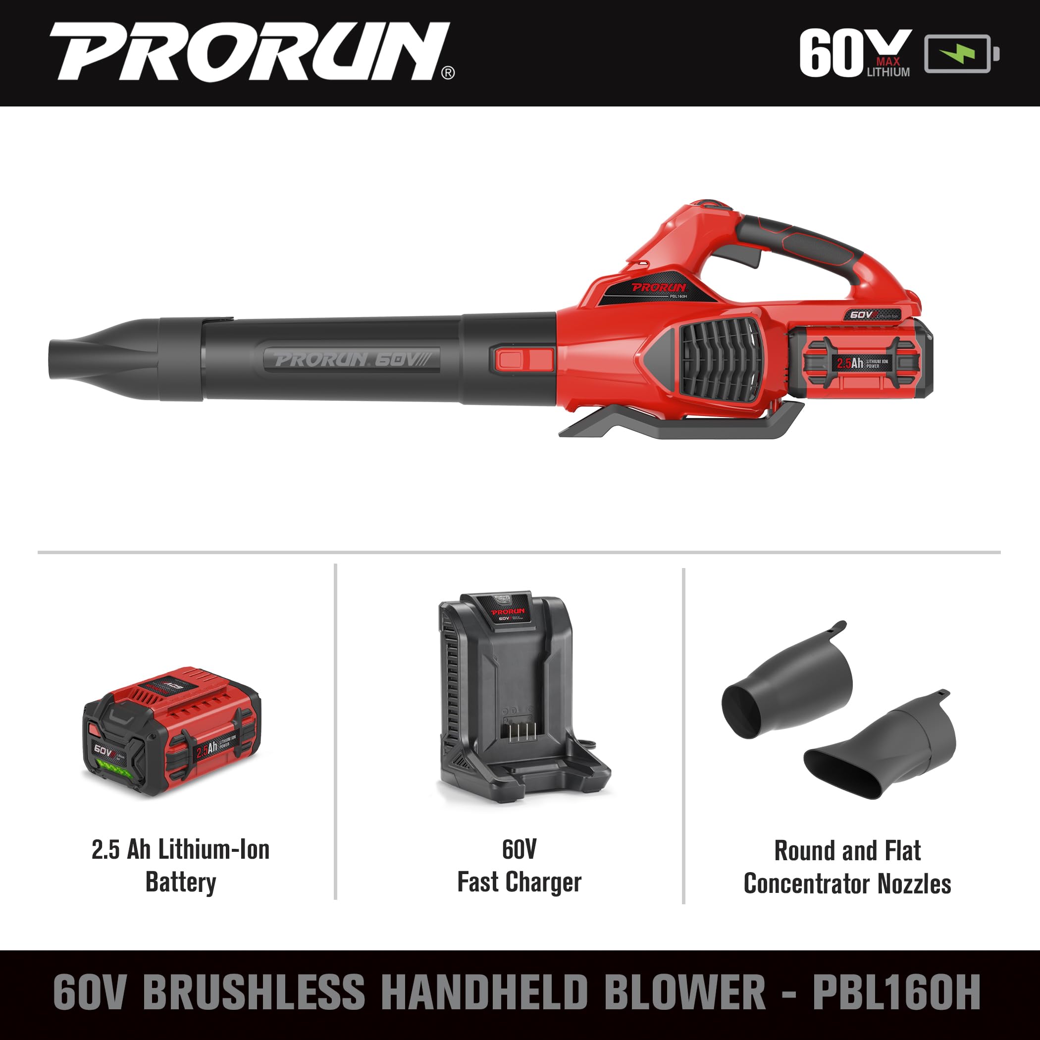 PRORUN Soplador de hojas de mano inalámbrico sin escobillas de 60 V 680 CFM 190 MPH con batería de 2.5 Ah y cargador PBL160H