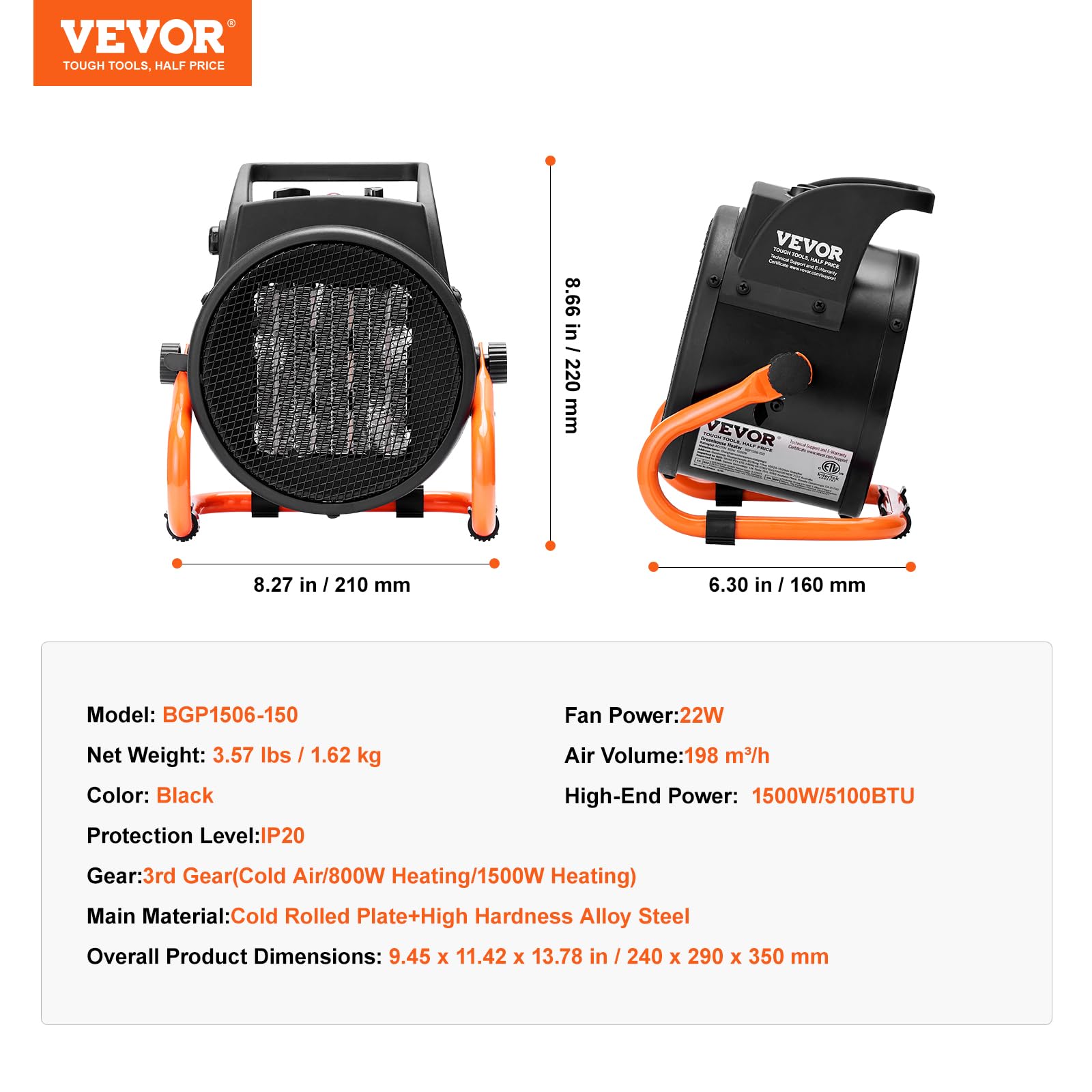 VEVOR Chauffage de serre PTC, 2000 W, chauffage de tente de culture électrique portable, à 3 vitesses, protection contre la surchauffe, chauffage rapide pour serre, salle de fleurs, lieu de travail