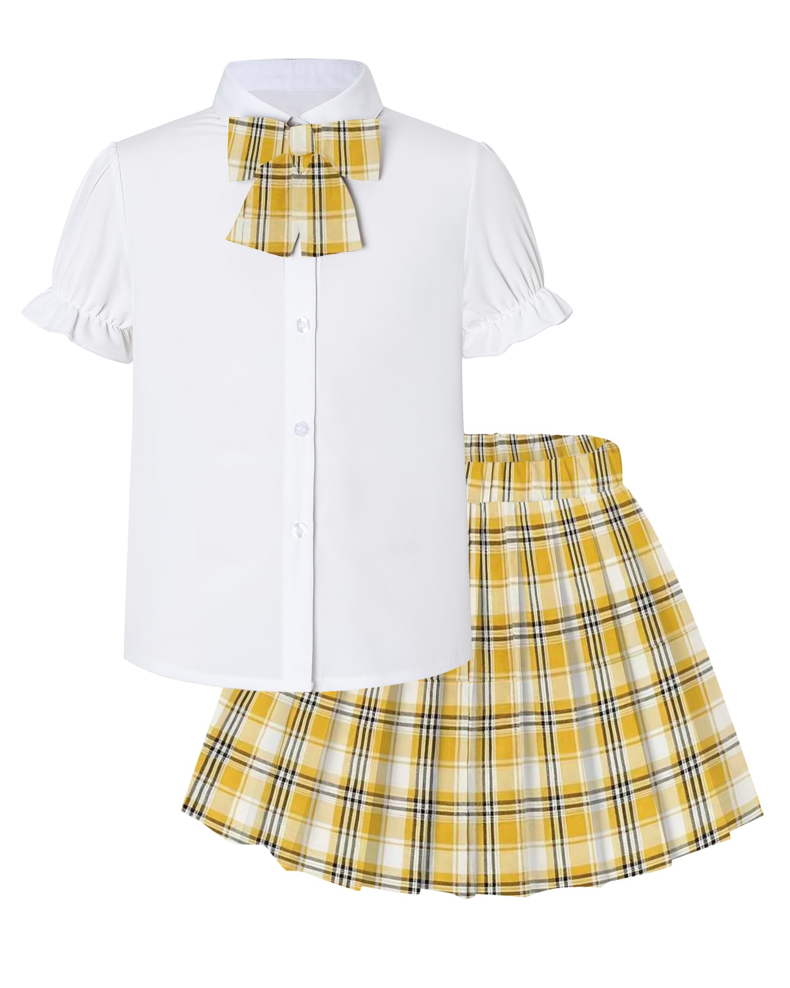 Betusline Girls JK Uniform Outfit, Shirt with Bow &amp; Pleated Skirt,4T-16Y