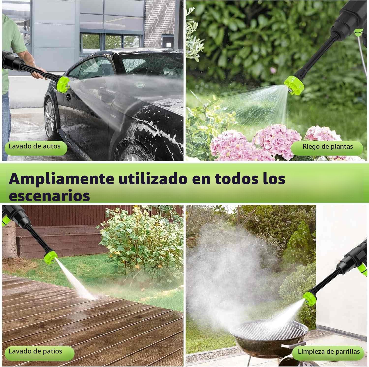 Limpiador de alta presión con batería, 120 bares, pistola de alta presión inalámbrica 300 l/h con boquilla 6 en 1 y manguera de 5 m, pistola de alta presión para lavar y riego de coche (2 baterías)