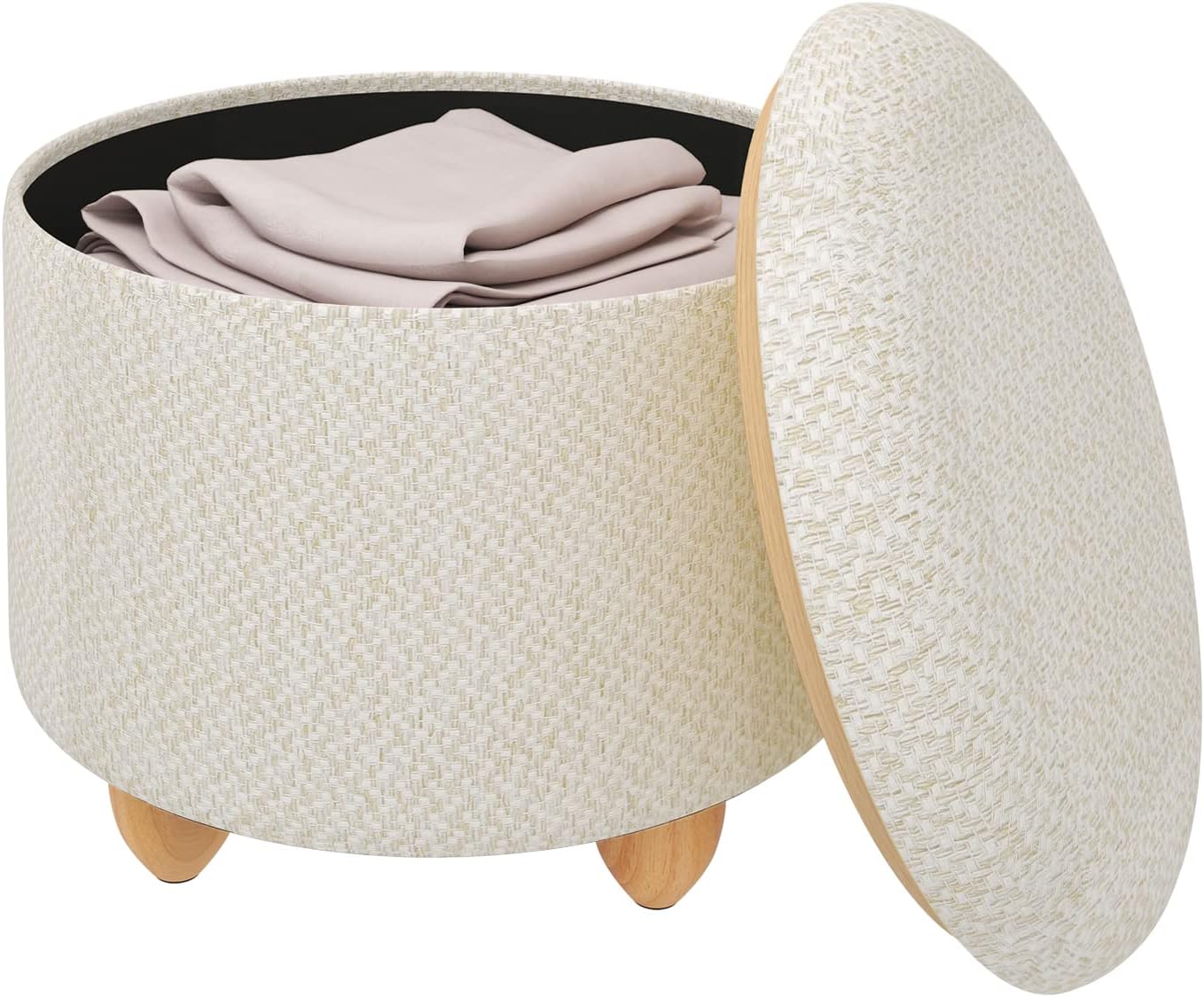 WOLTU Storage Ottoman with Lid, Large Linen Footstool with Lid, Space-Saving Round Stool with Pine Wood Legs for Living Room, Hallway, Bedroom, Diameter 39 x 33 cm, Beige, SH77 cm