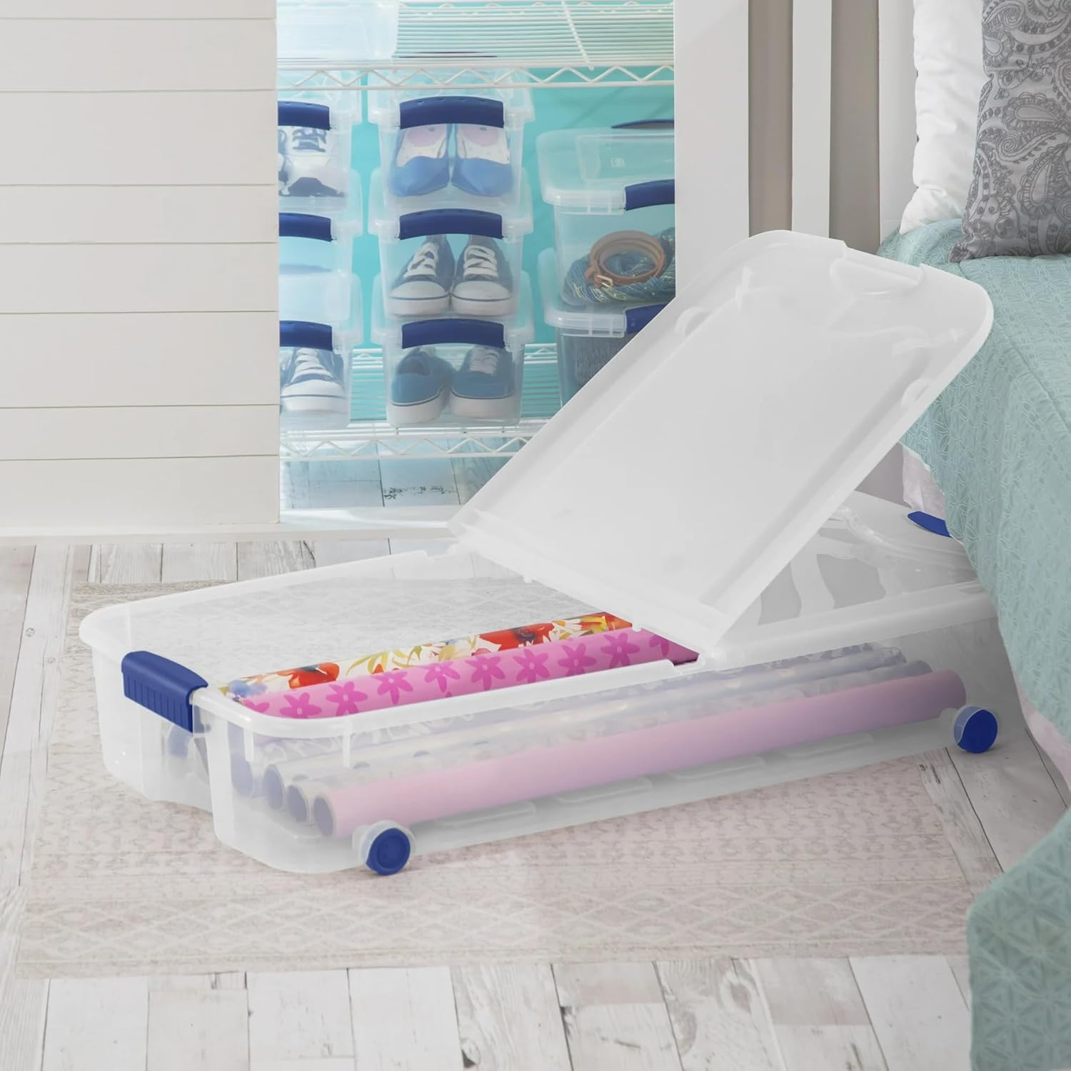 The pack Large Storage Bin 66 Quart Clear Underbed Storage Container with Latch Lid and Wheels (1)