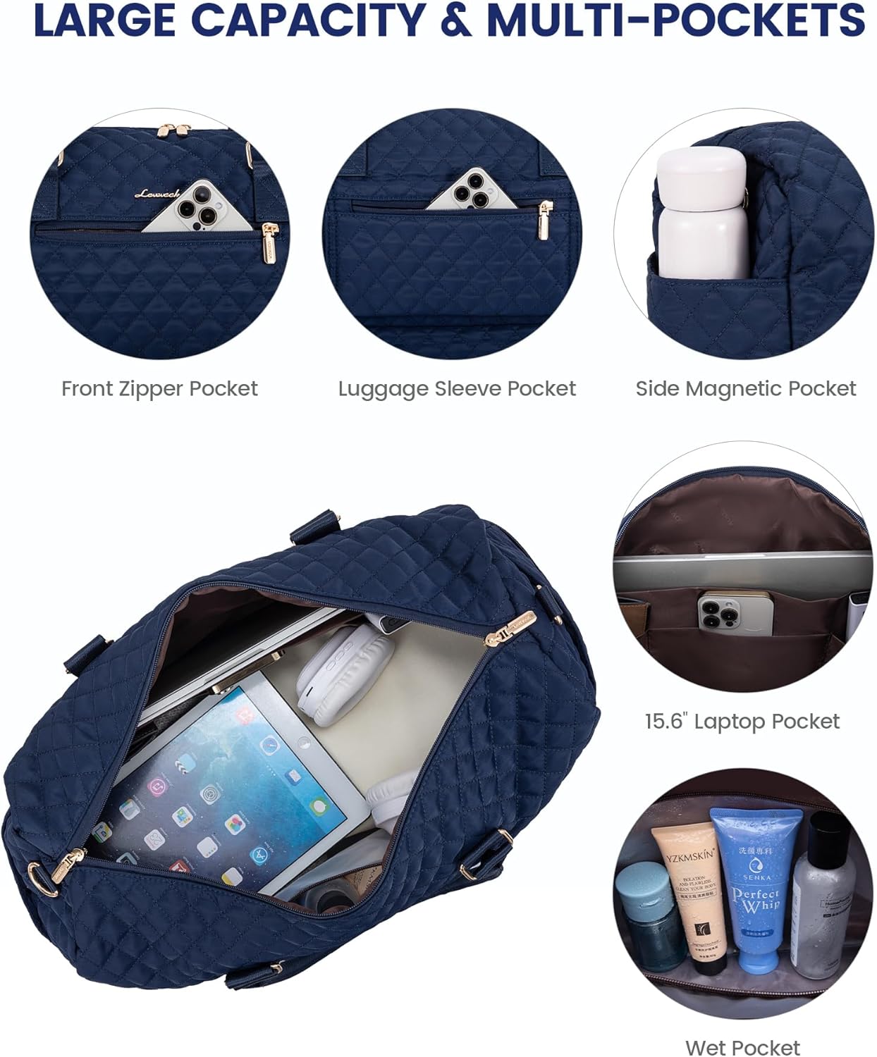 LOVEVOOK Travel Duffle Bag for Women, Weekender Overnight Bag with Shoe Compartment, Carry on Bag with Toiletry Bag, Gym Duffel Bag with Wet Pocket, Hospital Bags for Labor and Delivery 3 Pcs Set - Image 3