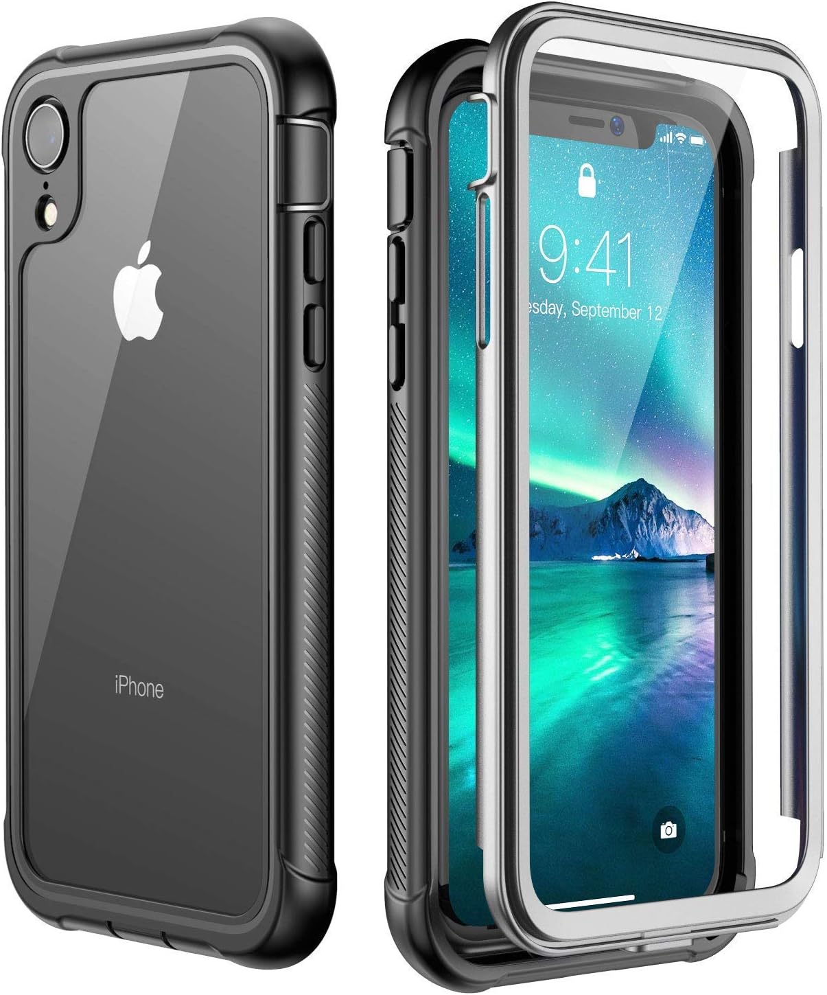 Singdo Case for iPhone XR Case, Built-in Screen Protector Cover 360 Degree Protection Rugged Clear Bumper Case for iPhone XR 2018 Release (6.1 inch) (Black/Clear)