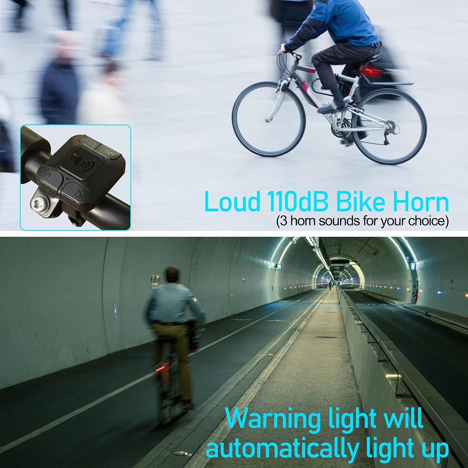 Image showing a cyclist using the bike horn and the automatic warning light activating in a tunnel