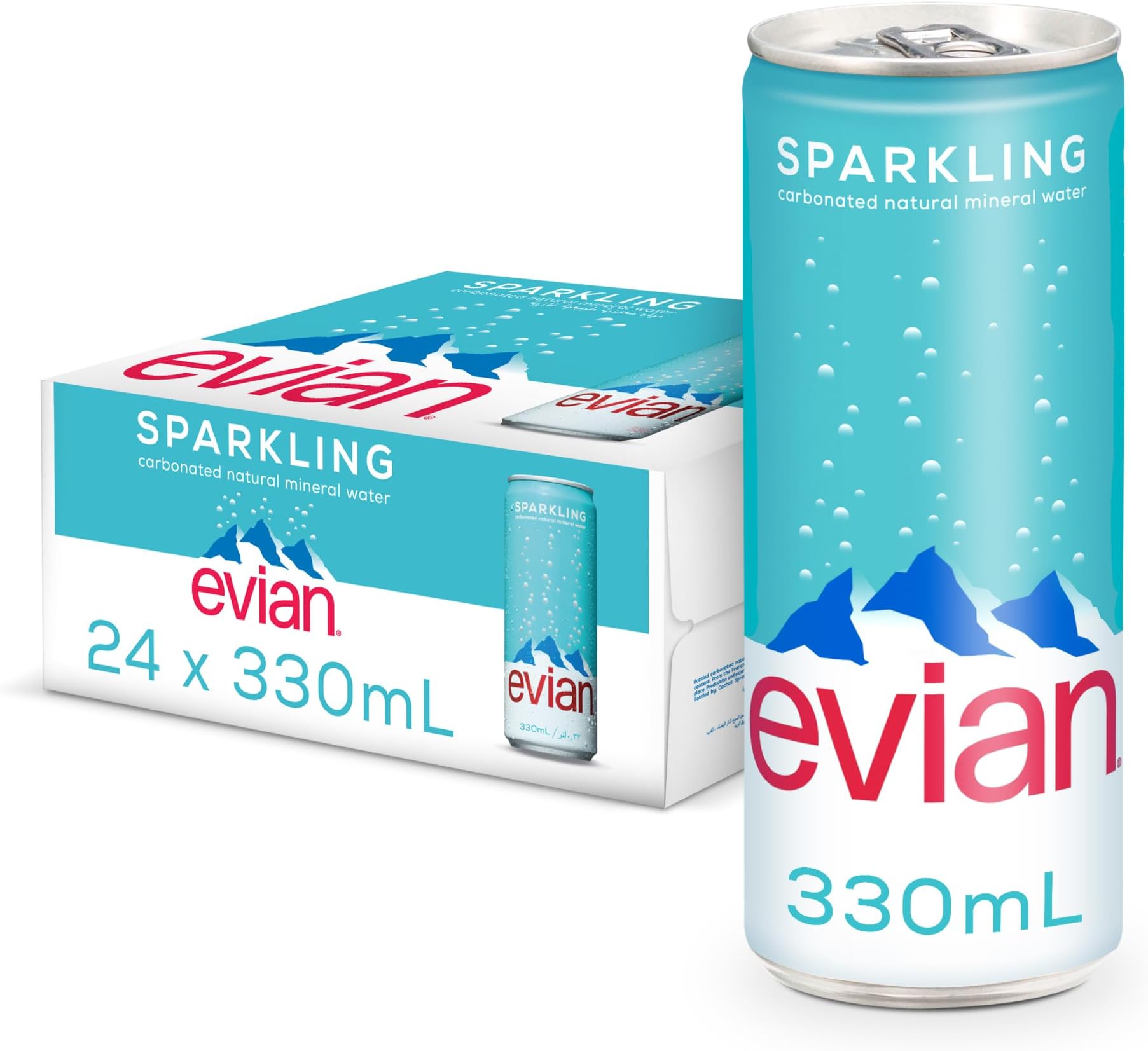Sparkling Water Cans 24x330ml, Awaken Your Senses with Evian Sparkling Water, Sparkling Drinking Water for Maximum Hydration