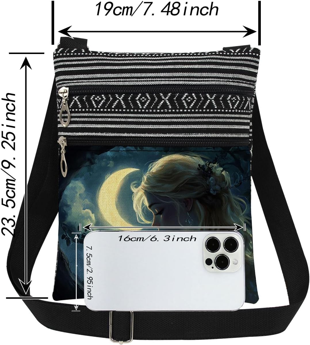 Lady with Black Cat Crossbody Bag Moon Night Print Adjustable Strap Women Messenger Bag Zipper Wallet Daily Use Purse Christmas Birthday Gift for Sister​​ Friend - Image 4