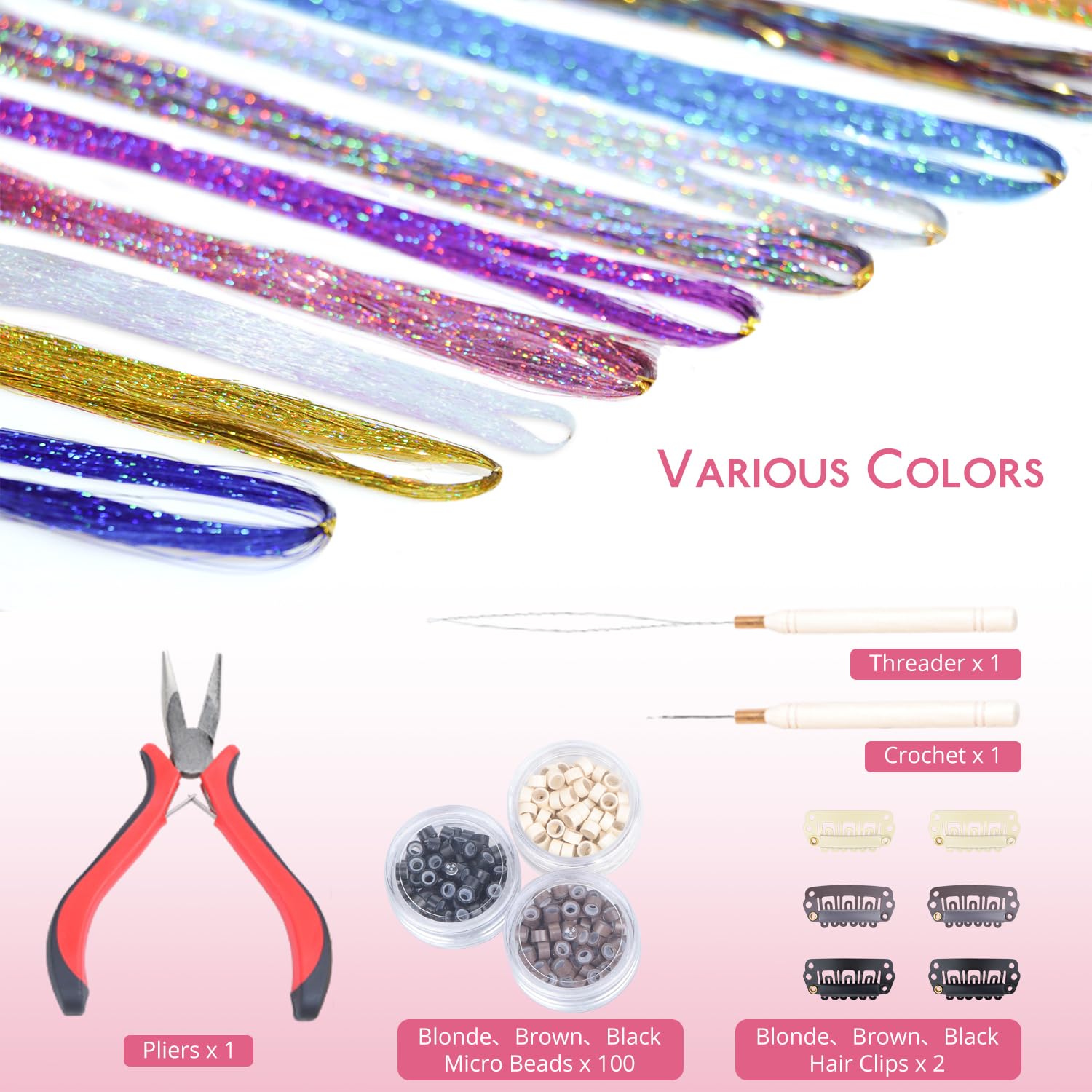WENNALIFE Kit de pinceaux de cheveux à paillettes, guirlande de cheveux colorée, 16 couleurs, 122 cm
