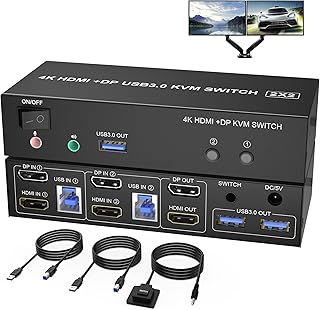 USB 3.0 Dual Monitor KVM Switch DisplayPort + HDMI 4K@60Hz Extended Display KVM Switch 2 Monitors 2 Computers with Audio Microphone Output and 3 USB 3.0 Ports, PC Monitor Keyboard Mouse Switcher