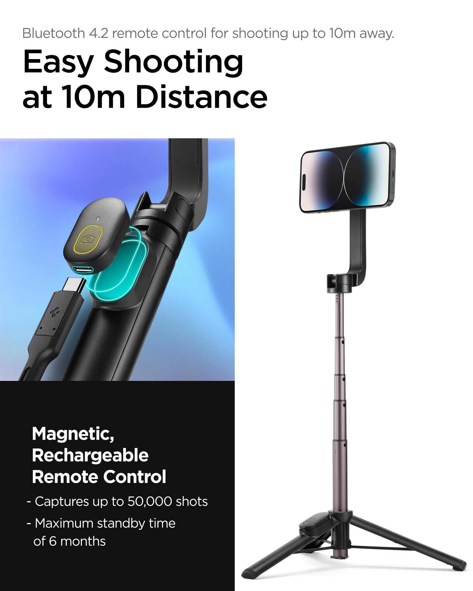 Spigen Treppiede Smartphone Bastone Selfie Compatibile con MagSafe Wondersnap MagFit S570W, Selfie Stick Bluetooth con Telecomando per iPhone, Galaxy, Pixel, Xiaomi, GoPro etc - Nero