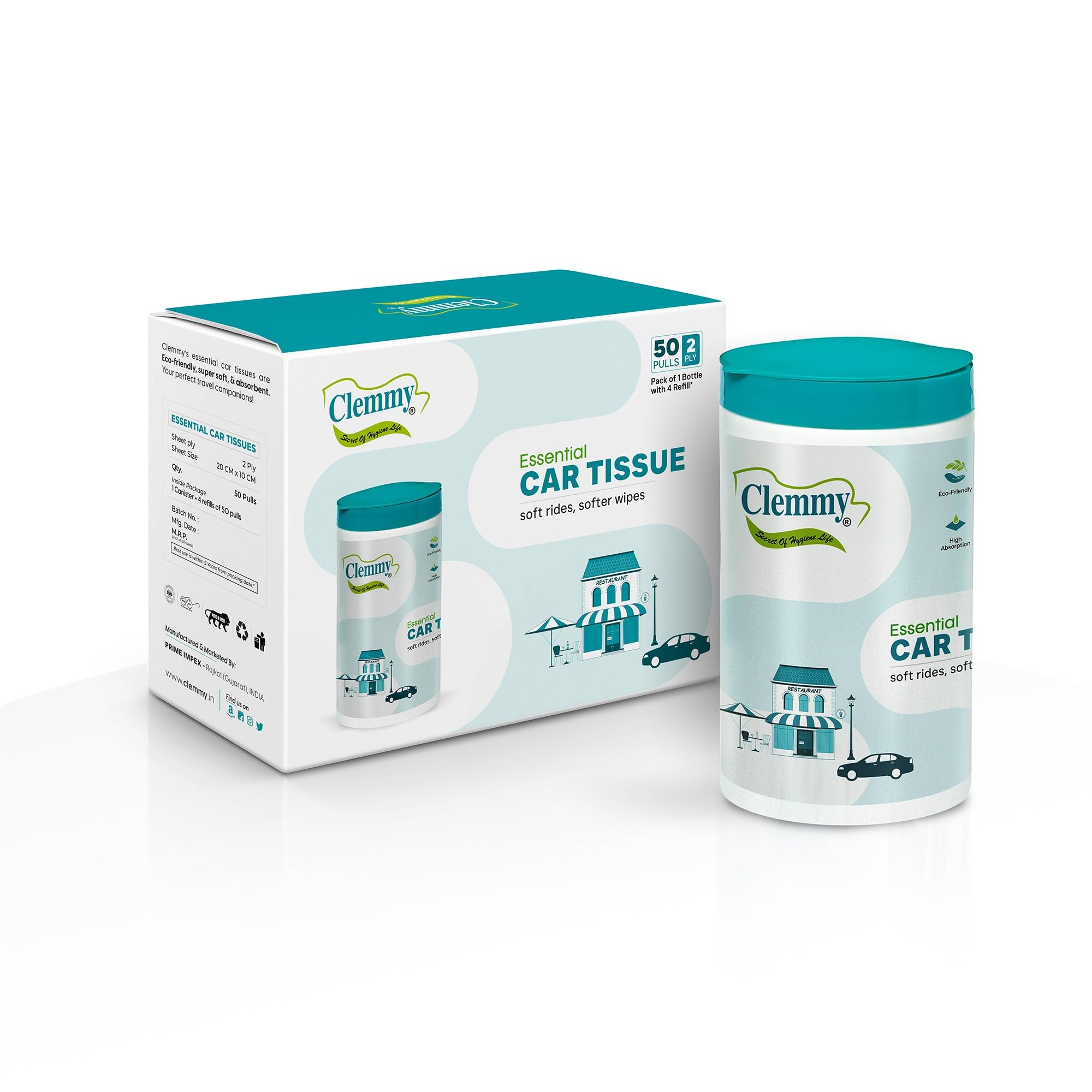 Clemmy Essential Car Tissues Pack of 5 (50 pulls 2 ply / 250 pulls) | Fits in all type of Car Cup Holder| Easily Accessible |Soft, Eco friendly & Chemical free |1 Canister of 50 pulls + 4 refill (B0CXXX3VTJ) Amazon Price History, Amazon Price Tracker
