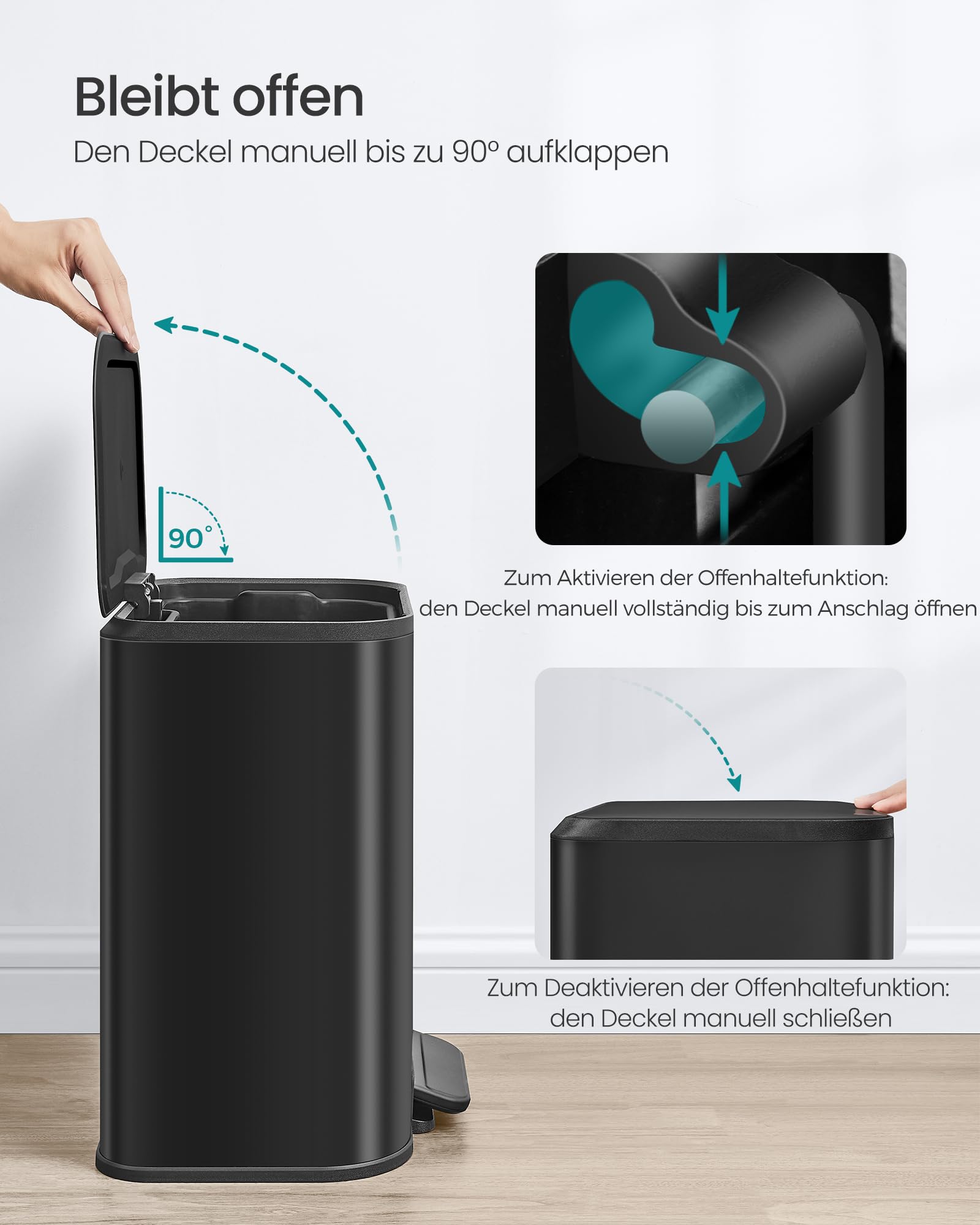 SONGMICS Mülleimer Küche, 20 Liter Abfalleimer mit Deckel, Tretmülleimer, Stahl, Softclose, Offenhaltefunktion, mit Inneneimer, breites rutschfestes Pedal, tintenschwarz LTB542B02