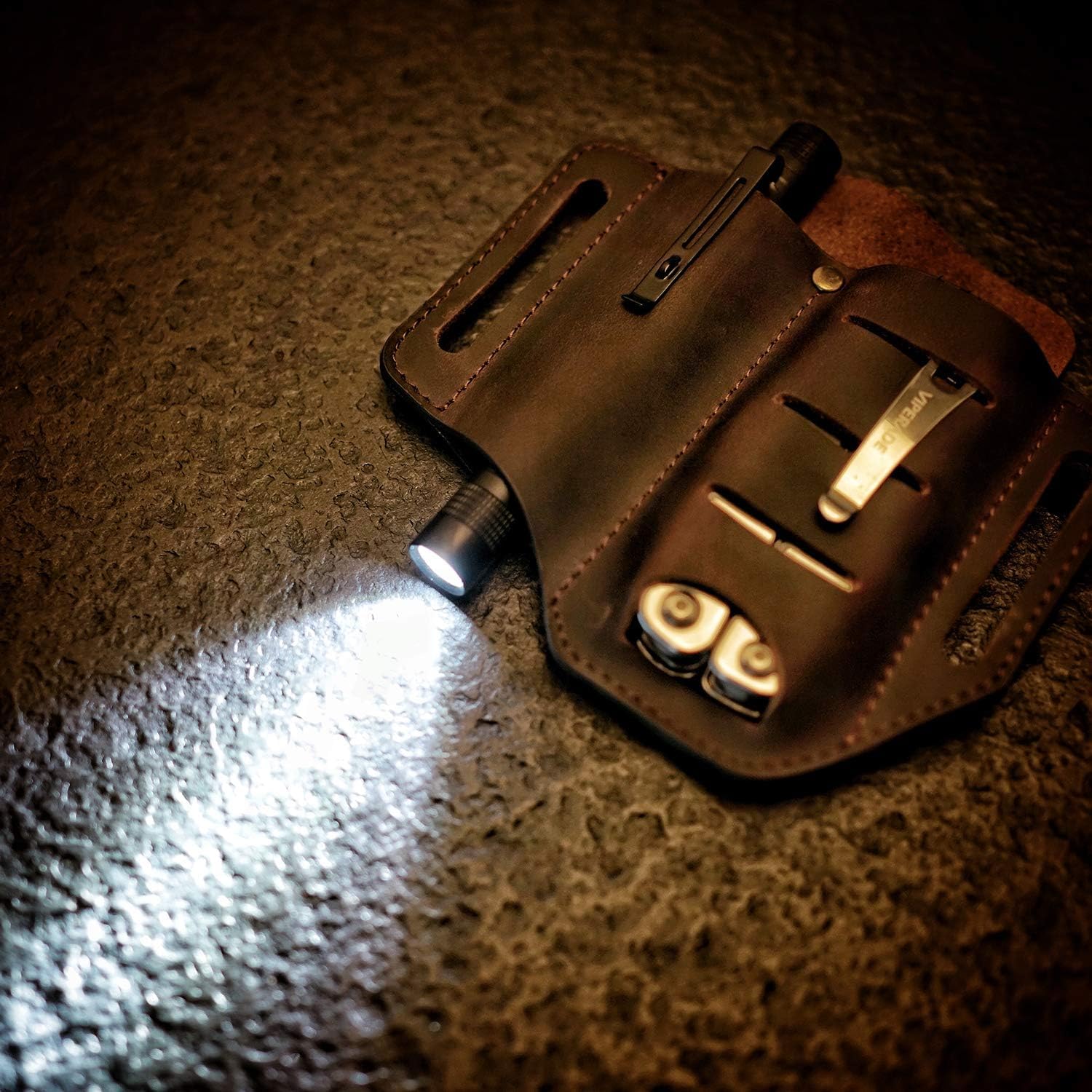 VIPERADE PJ8 EDC Lederscheide für Blet Messer/Werkzeug/Taschenlampe/Tactical Pen und EDC Zahnräder, Pocket EDC Organizer Lederscheide, Hademade 2 Pockets Belt Leder Slip Sheath
