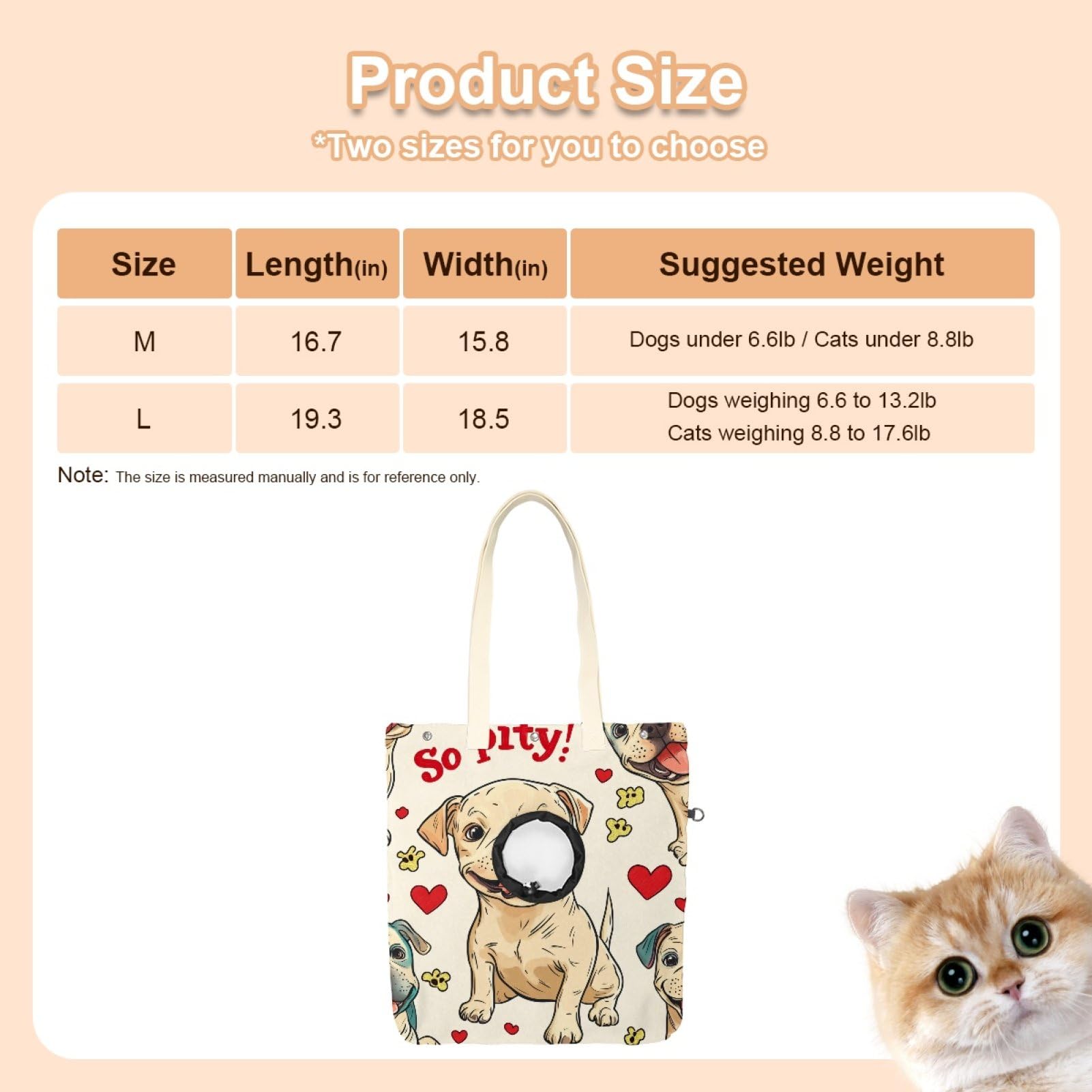 Pet Canvas Shoulder Bag Soft-Sided,Dog Purse Carrier for Small Dogs and Cats, Portable Pet Handbag with Adjustable Hole, Pet Washable Travel Tote Bag,''Pity'' Dog 16.7''x15.8''