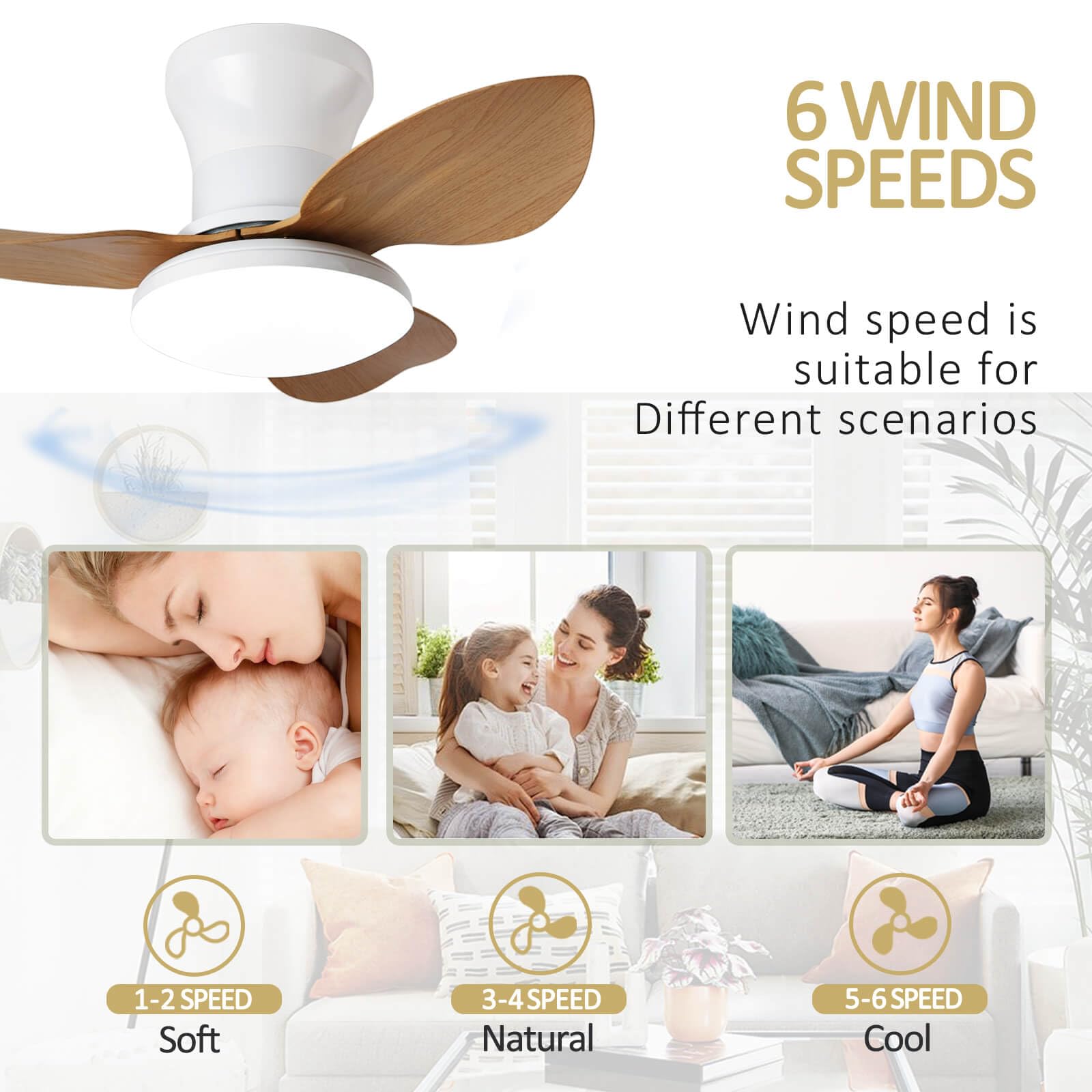 Ventilateur De Plafond Silencieux Avec Lumiere Et Telecommande, Lustre Avec Ventilateur 3 Pales, Dimmable, DC Motor, 6 Vitesses, Ventilo Plafond Moderne LED Pour Salon, Bureau, Chambre-Woodgrain