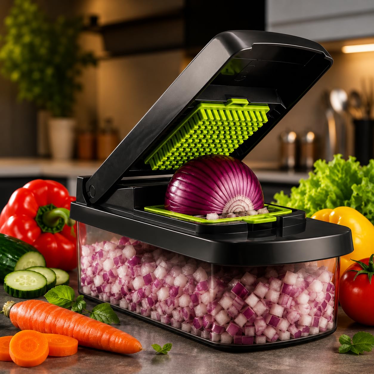 Cortador de Legumes Multifuncional 16 em 1 com Recipiente Coletor, Fatiador Mandoline