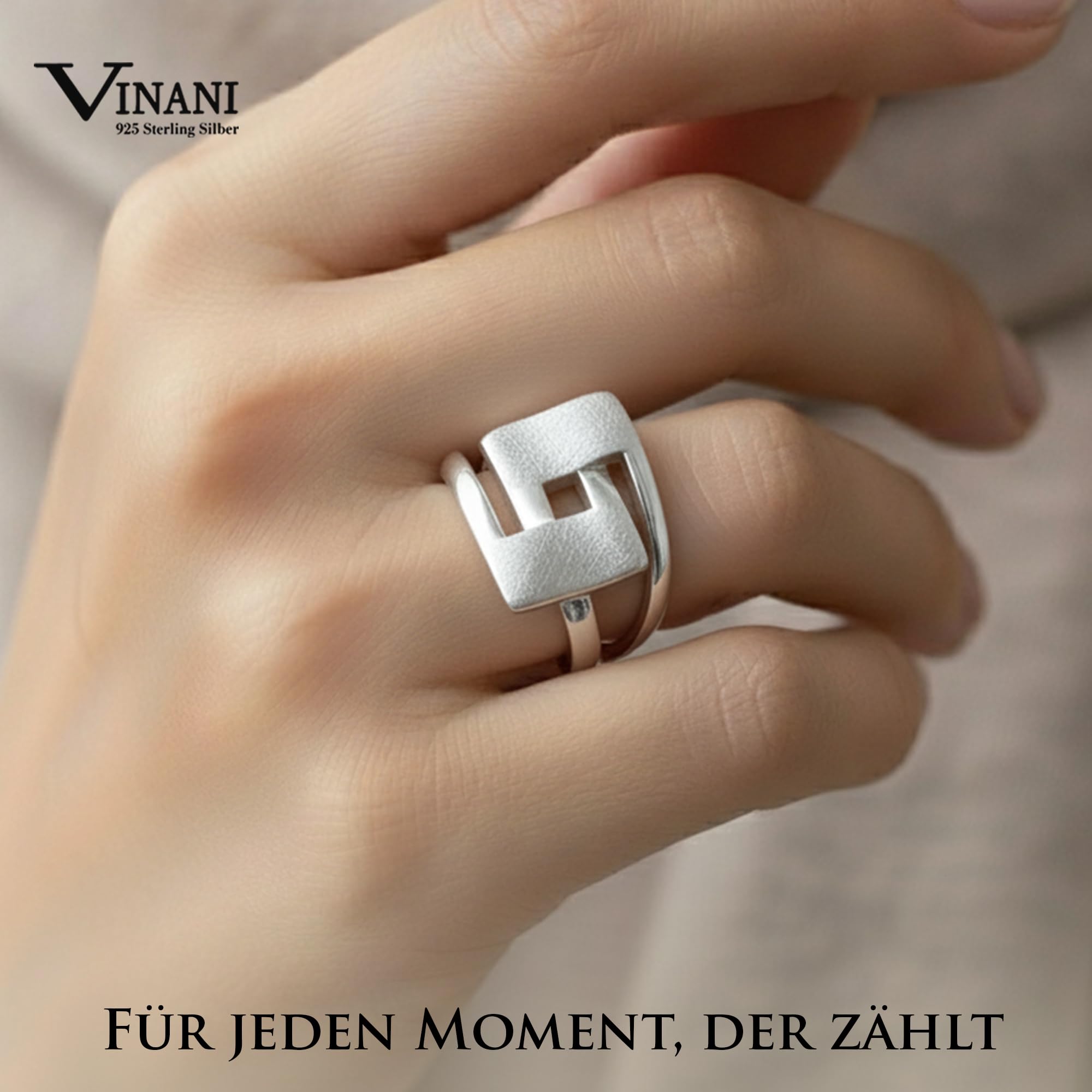 Vinani Damenring aus 925 Sterling Silber – Massiver, gebürsteter Ring mit geschwungenem Viereck-Design, nickelfrei & antiallergisch, handgefertigter eleganter Silberschmuck