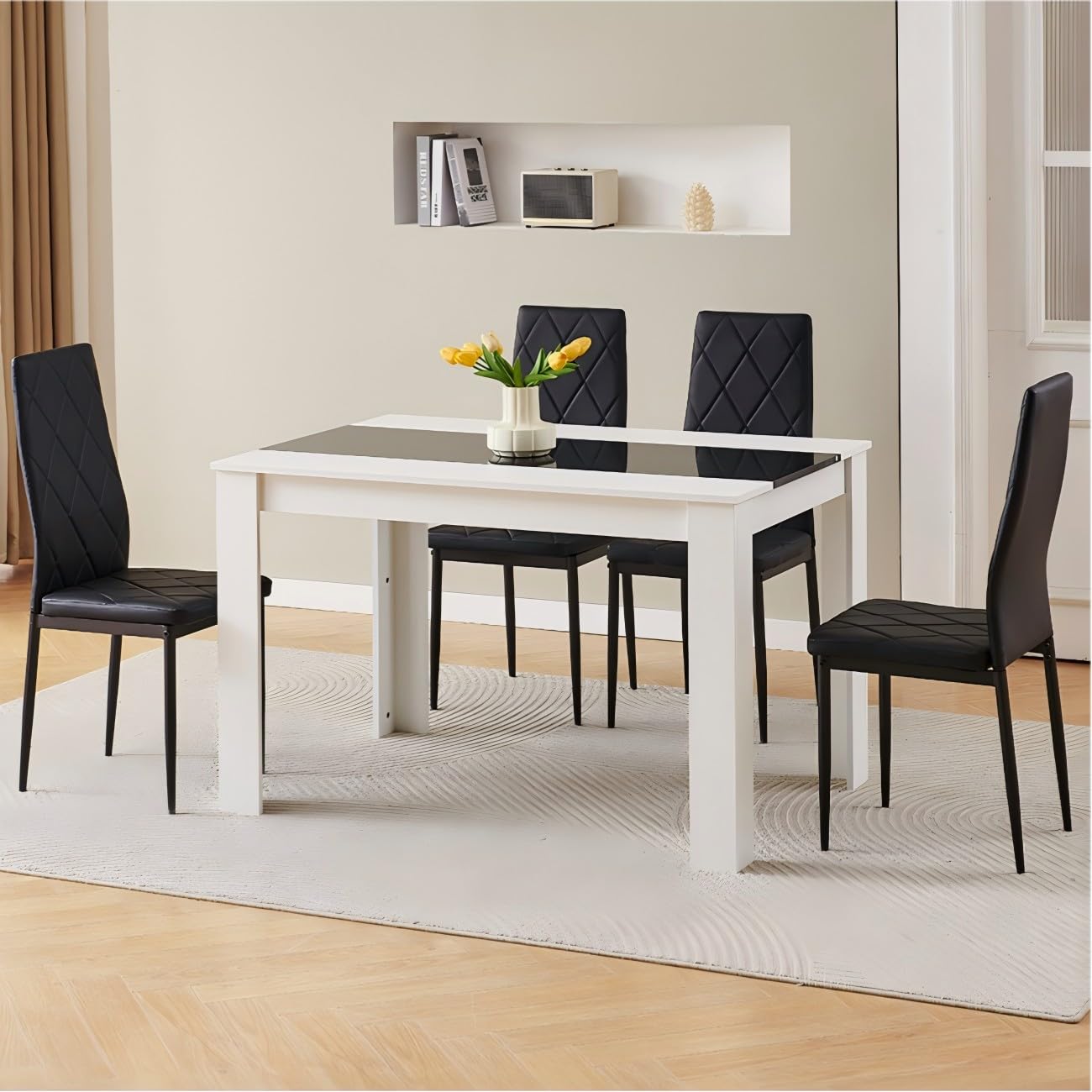 Homullel 120 cm Dining Table and 4 Chairs, 4 Seater Table and Chairs Set, 5 Pieces Kitchen Dining Room Set for 4, Compact, Space Saving (Black Faux Leather Argyle Grid, 120cm, 4 Seats)