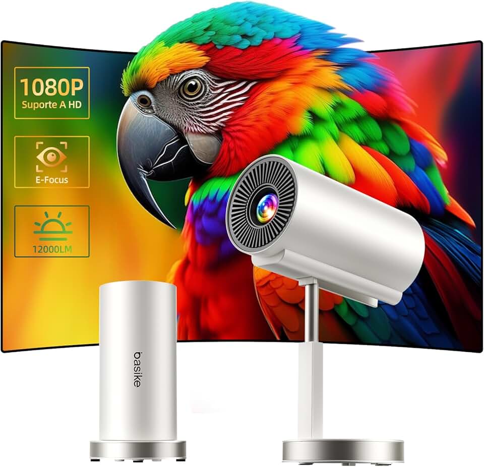 Basike Mini Projetor Portatil, 4K 1080P Full HD, 5G WIFI 6 BT 5.0 Android 11, 12000 Lumens, Led Auto de Correcção Trapezóide Horizontal, 90°Girável Ajuste Telescópico de Altura (Branco)