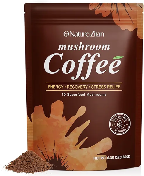 Mushroom Coffee Organic with 10 Adaptogenic Mushrooms, Grown Instant Coffee for Better Energy, Focus, Digestion, Immunity with Lions Mane & Turkey Tail (Brown)