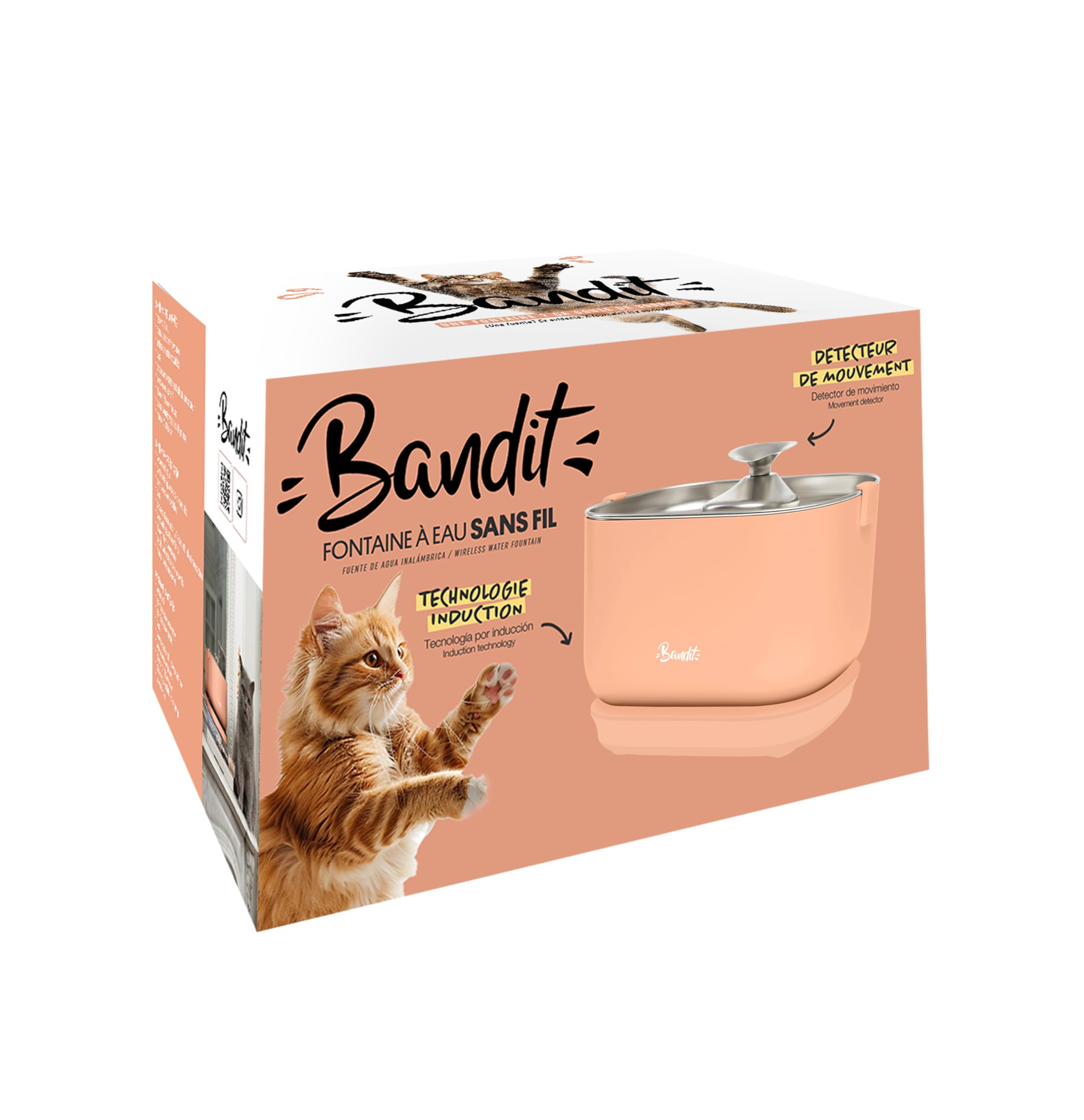 French Bandit - Fuente de agua inalámbrica para gatos de 2,5 L, duración de 30 días, filtración de 4 etapas, detector de movimiento inteligente, ultra silencioso inferior 30 dB, acero inoxidable