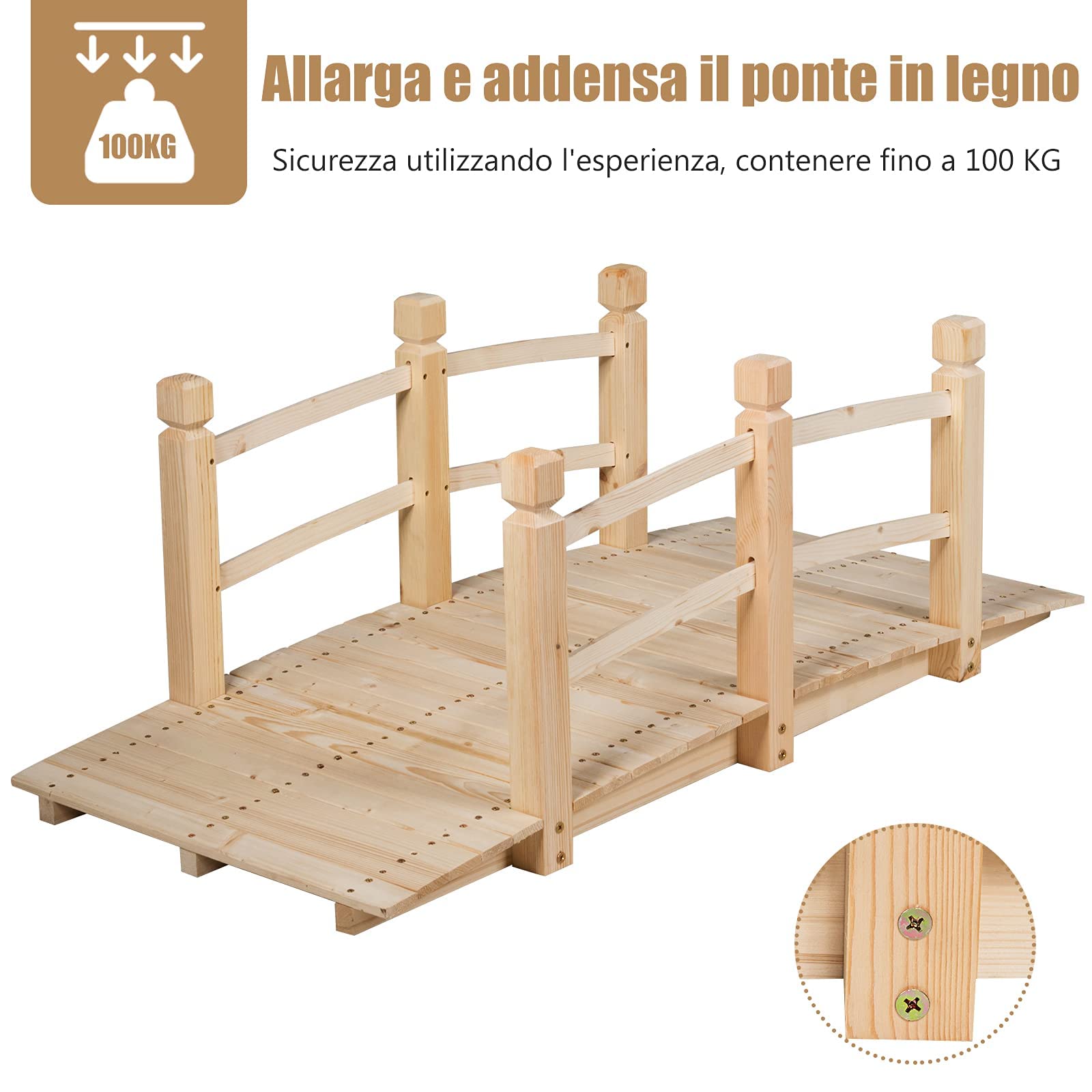 GYMAX Ponte da Giardino in Legno Lungo 150cm，Ponte Paesaggio Antico, Decorazione per Esterno (Naturale)