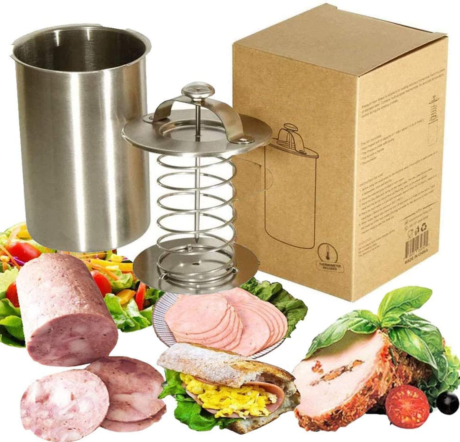 Stainless Steel Ham Sandwich Meat Press Maker with Thermometer for Making Healthy Homemade Deli Meat - Kitchen Bacon Meat Pressure Cookers Boiler Pot Pan Stove