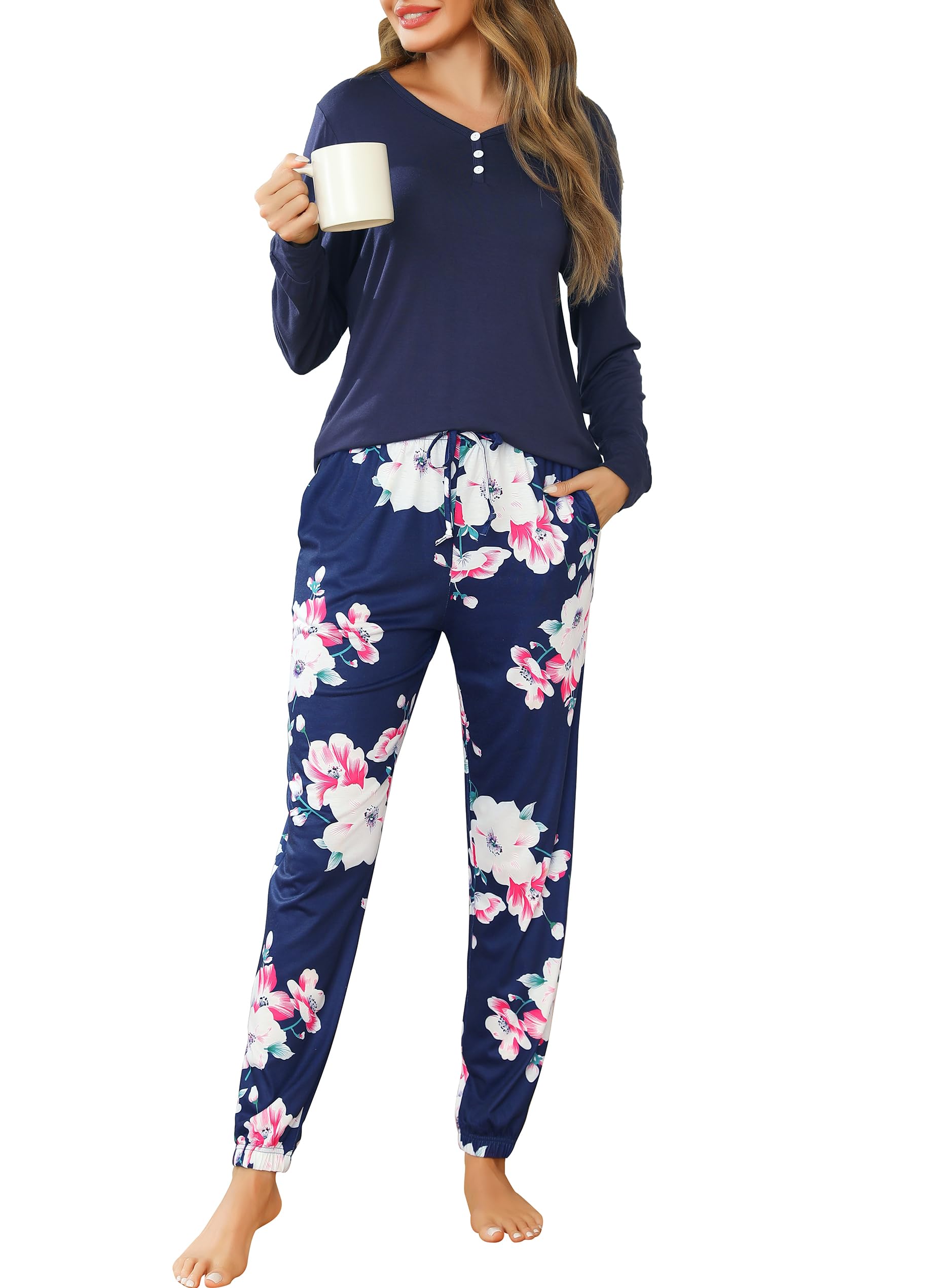 Lovasy Pigiama Donna Manica Lunga Pantaloni Lunghi Casual Scollo a V Top con Motivo a Pois Carino con Tasca Due Pezzi