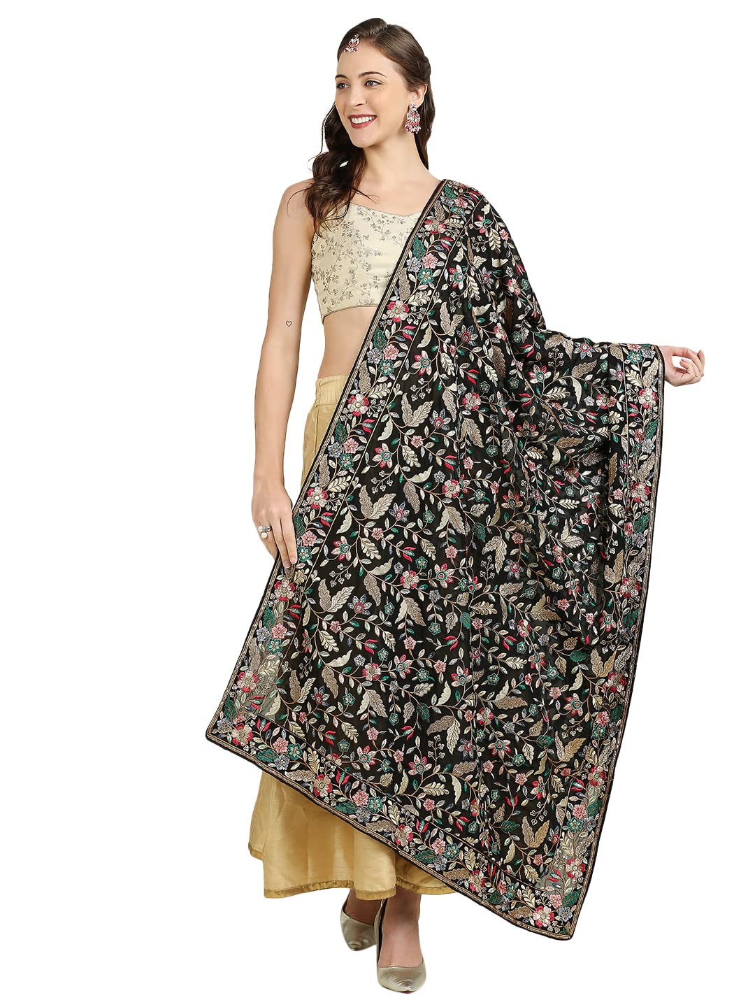 dupatta bazaar Women's Black Dupatta with Heavy Multicolour Embroidery-picture-25