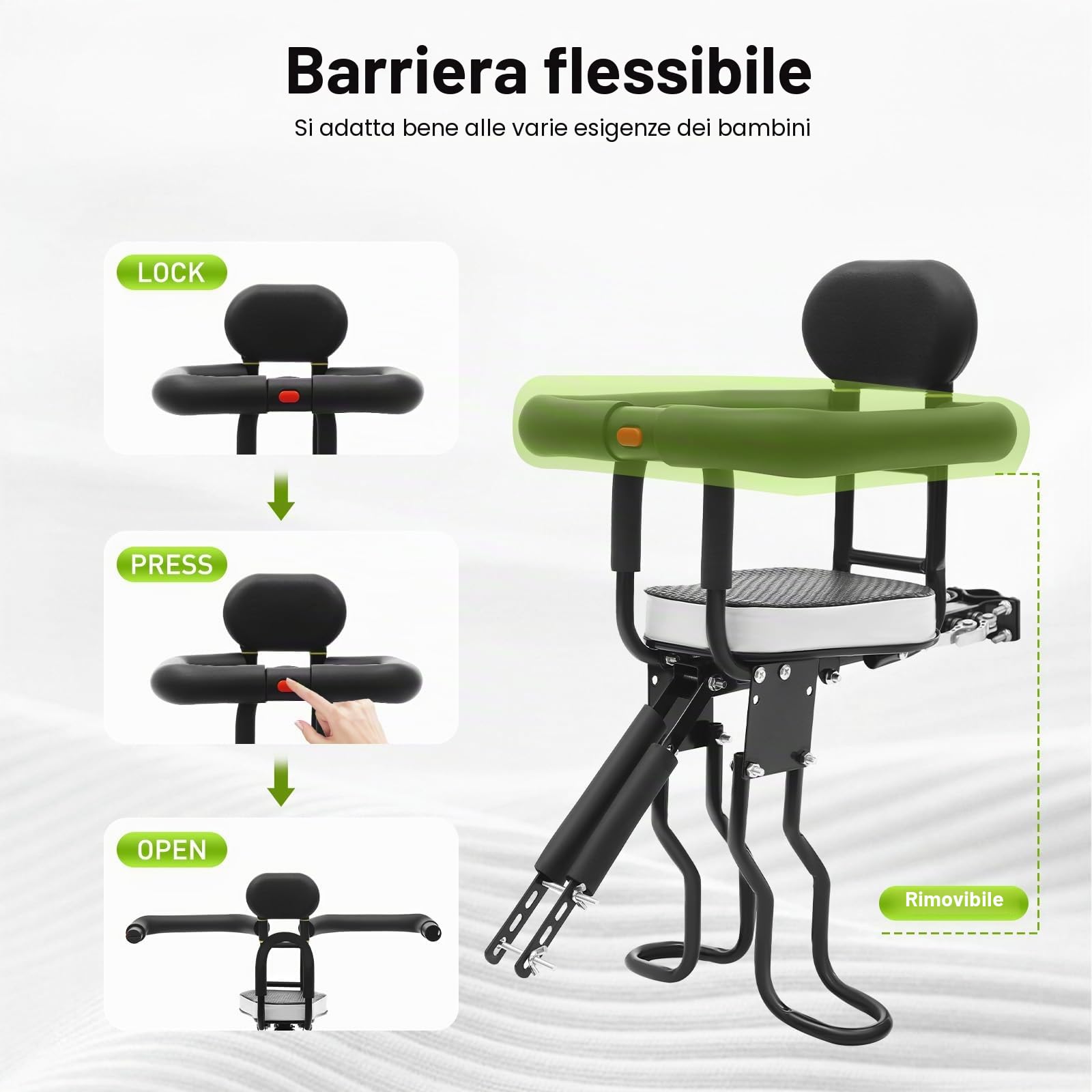 Seggiolino per bicicletta per bambini, Seggiolino di sicurezza regolabile per bambini da bicicletta, Supporto anteriore per seggiolino bicicletta, Capacità di carico 80kg, Altezza pedale 21